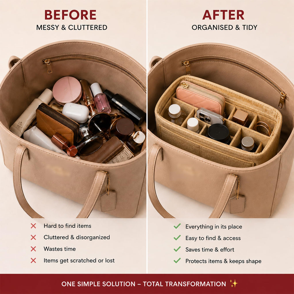 SYUTAM Women Felt Purse Organizer Insert for Ladies Handbag, Tote, Hobo Bag Storage & Purse Divider, Multiple Storage Compartment - Beige(8.85x4.5x5.5) inch (Small)