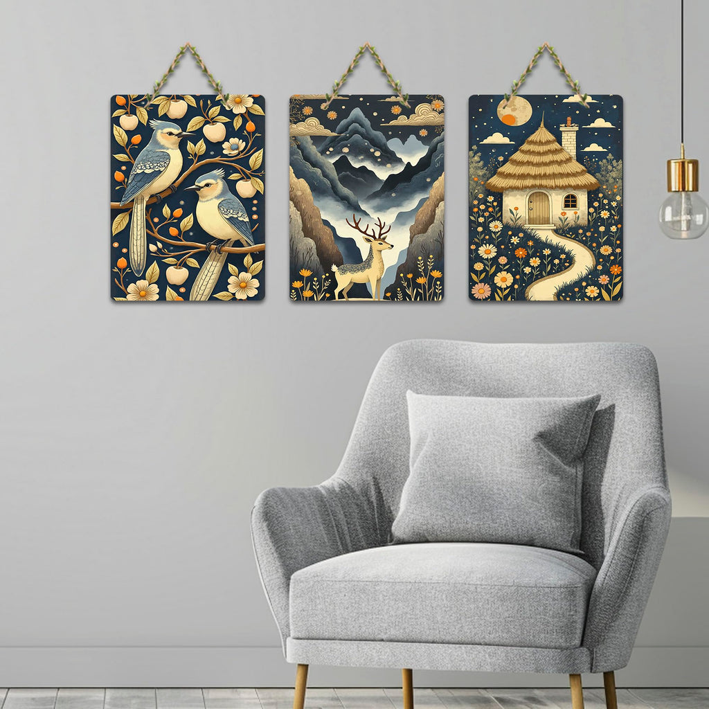 Artvibes Nature Theme Decoration Wooden Wall Hanger for Home Decor | Living Room | Office | Wall Art Painting For Hall | Graphic Artwork | Wall Art Print | Unique Gift Items (WH_96111N), Set of 3