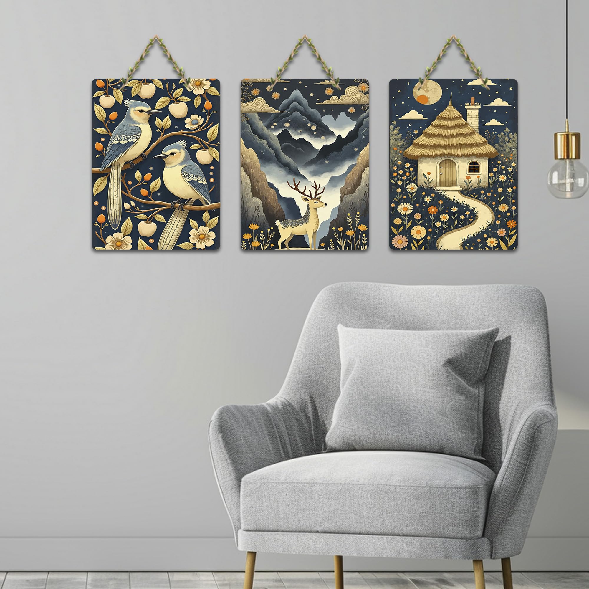 Artvibes Nature Theme Decoration Wooden Wall Hanger for Home Decor | Living Room | Office | Wall Art Painting For Hall | Graphic Artwork | Wall Art Print | Unique Gift Items (WH_96111N), Set of 3