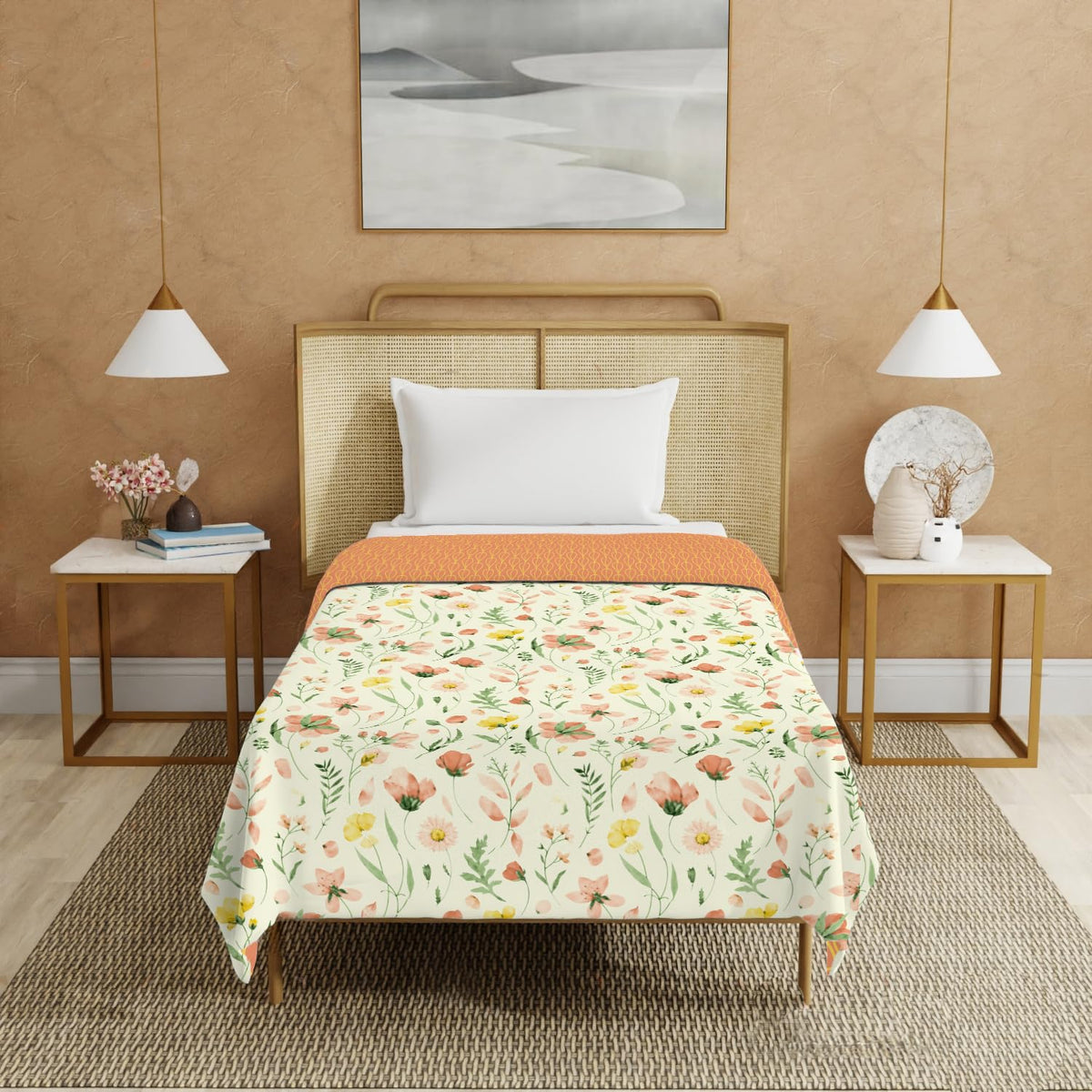 Urban Space 100% Cotton Malmal Single Bed Dohar, All Season Reversible Blanket, Soft, Lightweight and Breathable Ac Dohar/Quilt/Blanket/for Bed, Sofa AC Blanket (58 x 95 inch, Meadows Buttercream) Kafalo