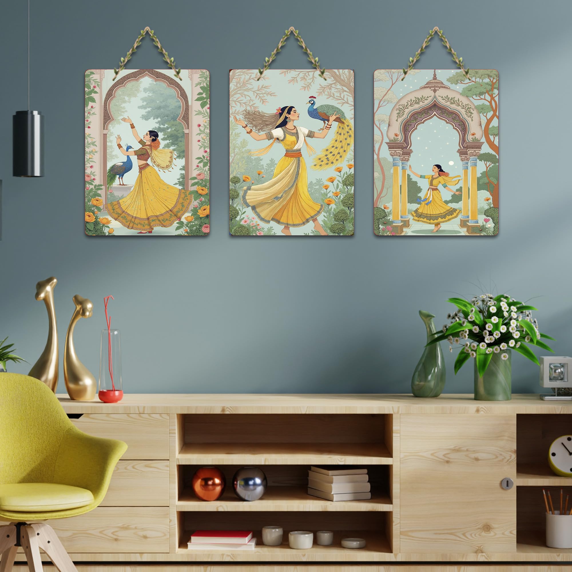Artvibes Women Dancing Ancient Royal Art Wooden Decoration Item for Home | Art For Wall | Wall Sculpture | Signs & Plaques | Festive Decor | Wall Illustrations | Gift Items (WH_9616N), Set of 3