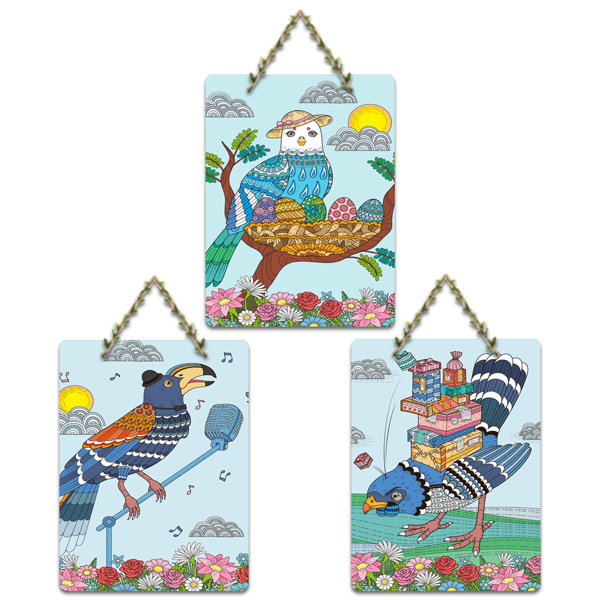 Artvibes Modern Clip Art of Birds Decorative Wall Hanging Ornaments | Garden Balcony| Stylish Modern Decoration Item | Festive Decor | Wall Illustrations | Unique Gift Items (WH_96146N), Set of 3