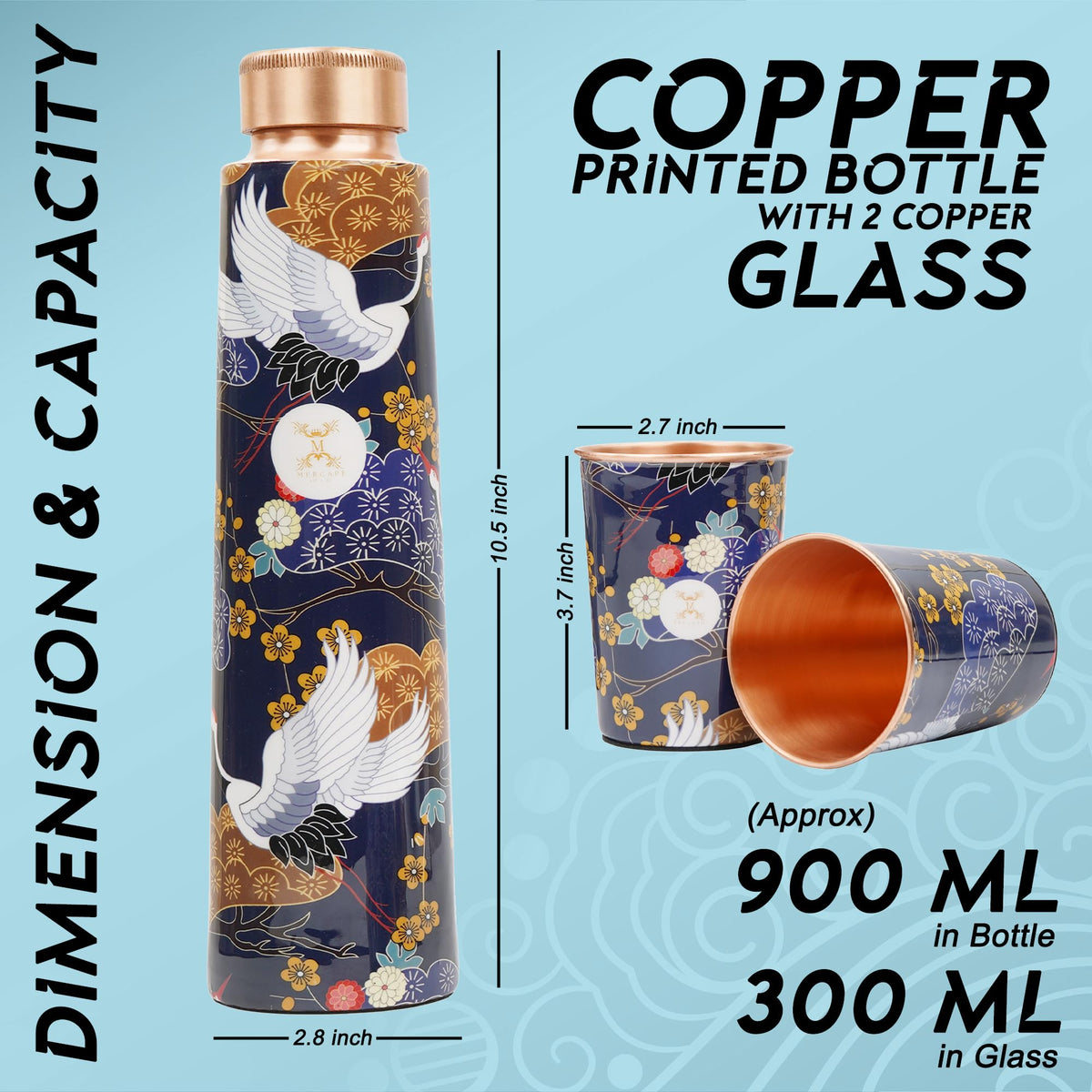 MERCAPE Pure Copper Water Bottle Gift Set 900 ml with 2 Copper Glasses (300 ml Each) | Printed Design | Leak-Resistant Screw Cap | Reusable Copper Drinkware Set for Home, Office & Gifting