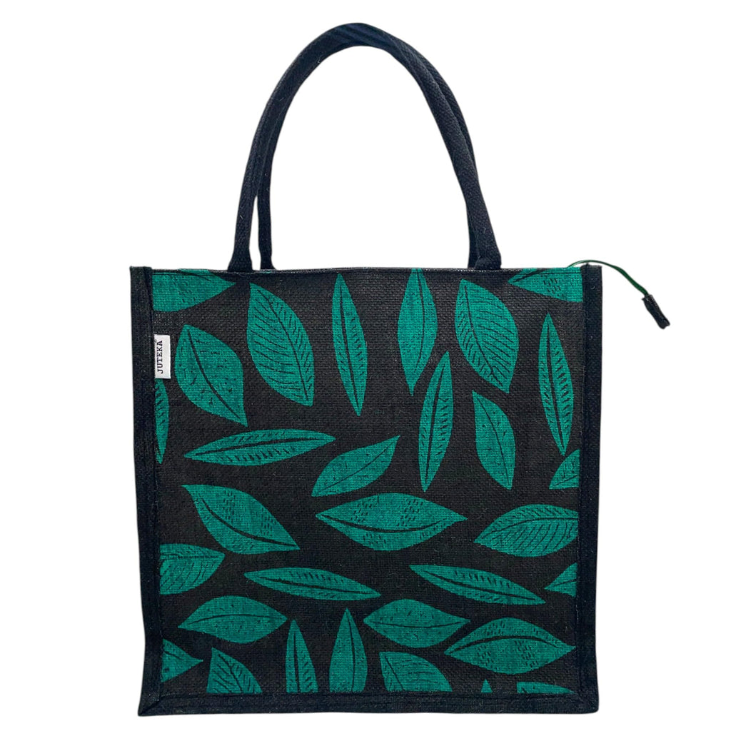 JUTEKA Printed Lunch, Office, Grocery, Picnic, Tote, Tiffin, Shopping, Jute Bag with Padded Cotton Handles (Black and Green)