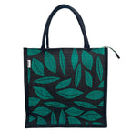 JUTEKA Printed Lunch, Office, Grocery, Picnic, Tote, Tiffin, Shopping, Jute Bag with Padded Cotton Handles (Black and Green)