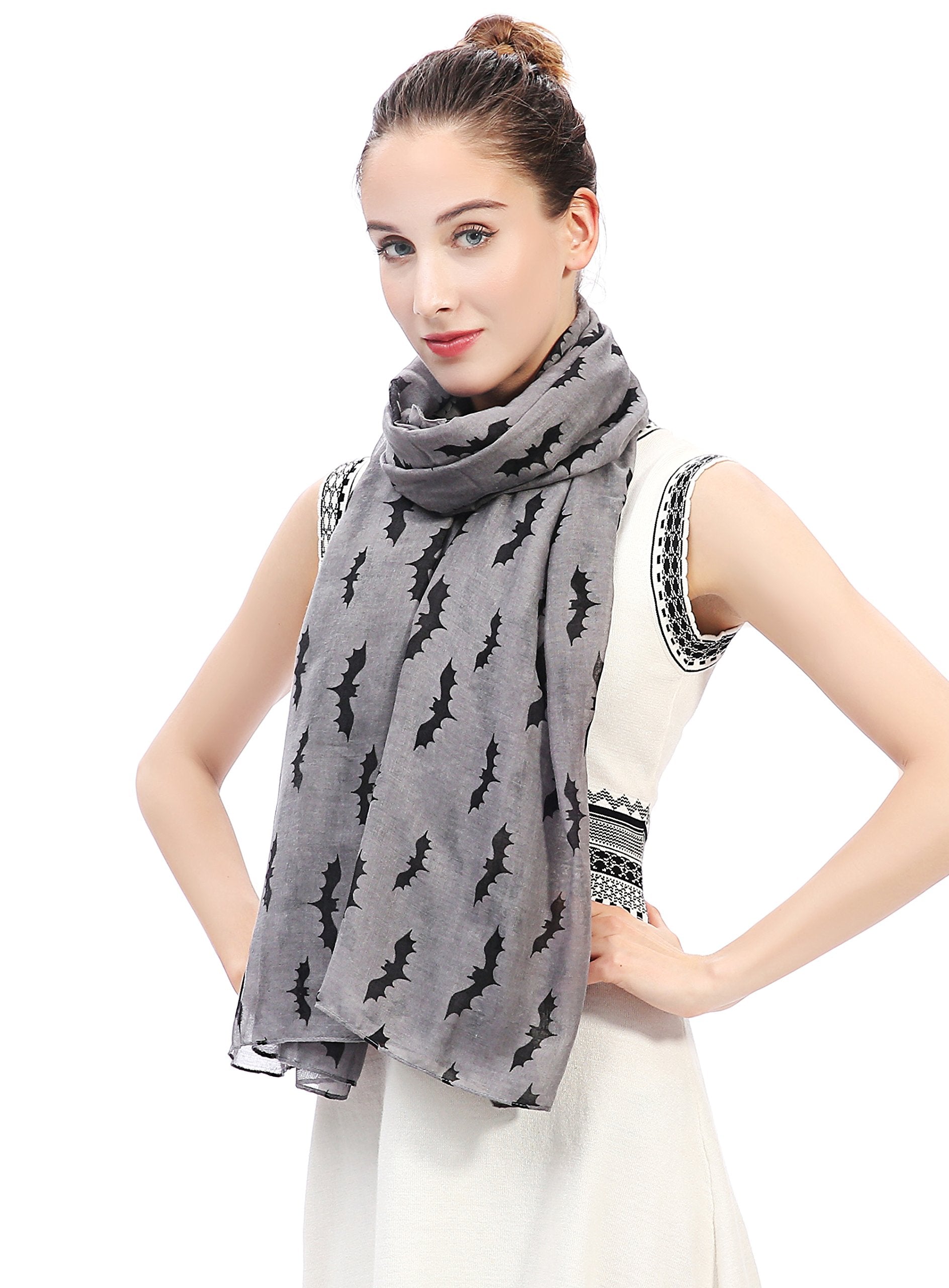 Lina & Lily Halloween Bats Print Women's Large Scarf Shawl Wrap Oversized Lightweight (Grey)