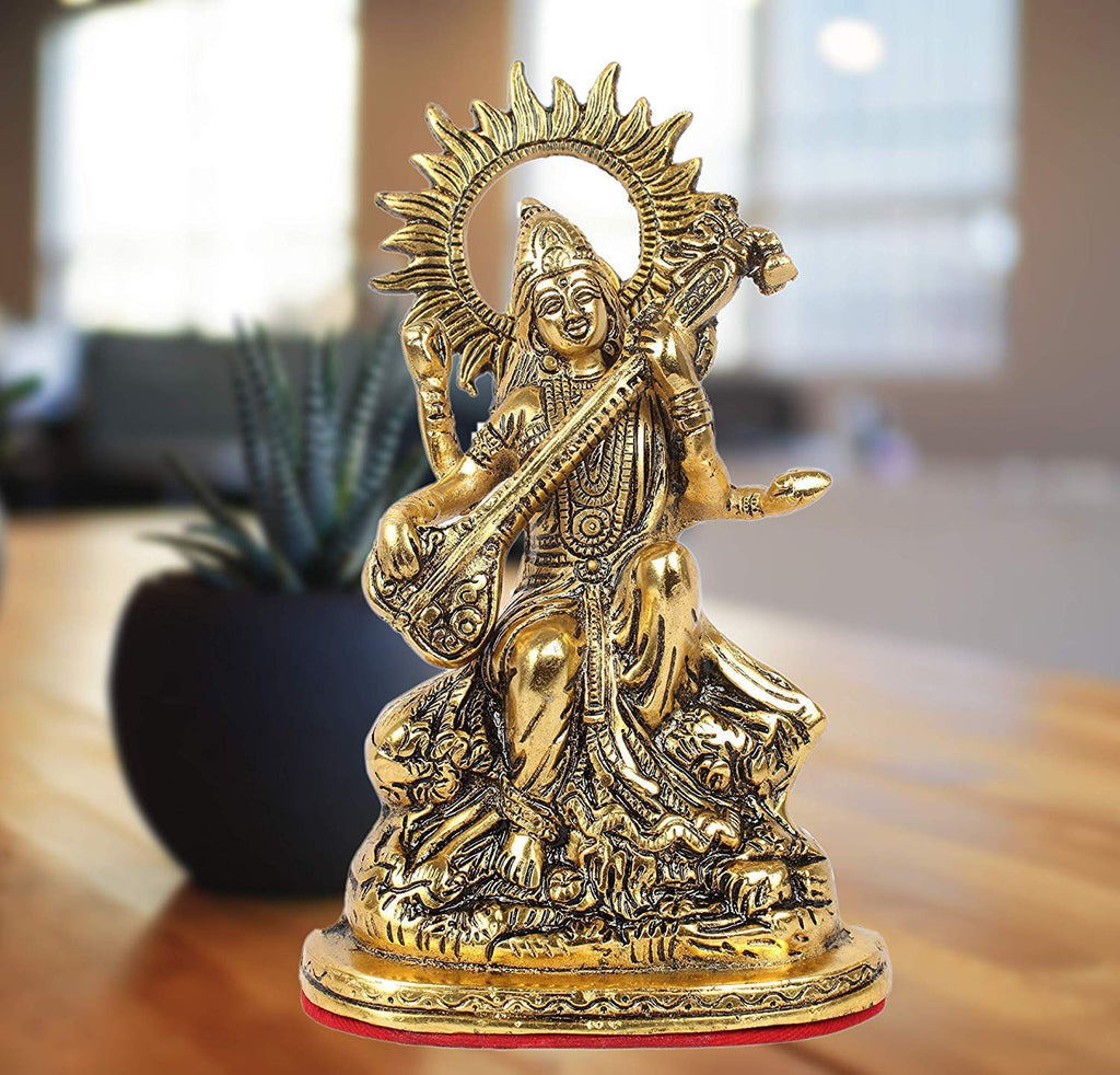 Prince Home Decor & Gifts Gold Plated Metal Goddess Saraswati Statue Showpiece Idol for Home Décor and Gift