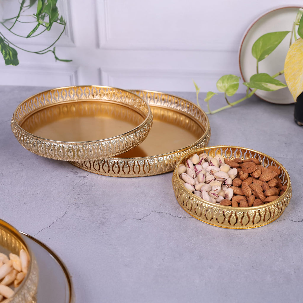 Design Decor Gallery Combo of Round German Gold Plated Jewellery Tray 6 Inch,8 Inch and 10 Inch, Set for Wedding Gift Home Decor Table Decor Make up Organizer for Present Chocolates Candy Gift Set