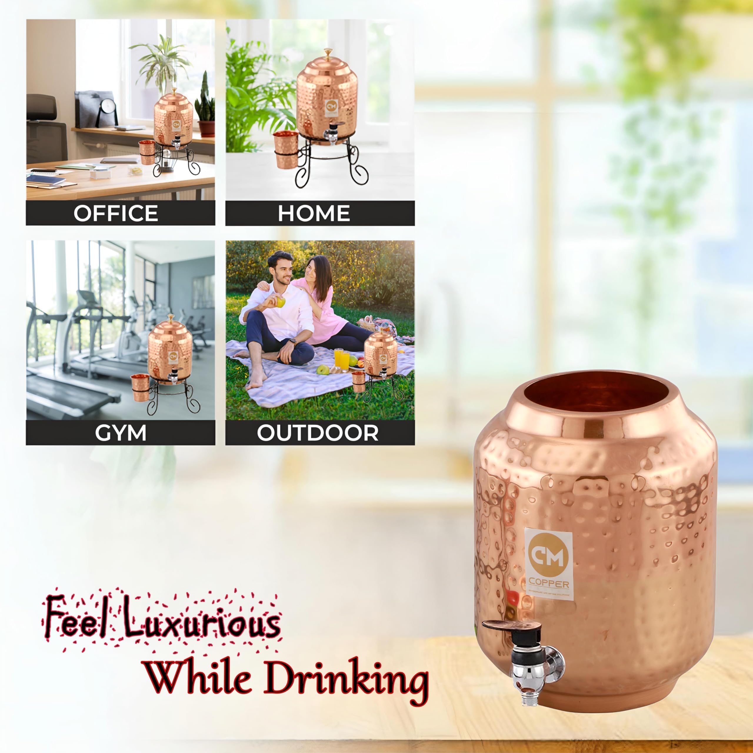 Copper-Master 5 Litre Hammered Copper Water Dispenser (Matka) Container Pot with 6 Pure Copper Glasses with Pure Copper and Ayurvedic Health Benefits (5000 ml + 1800 ml)