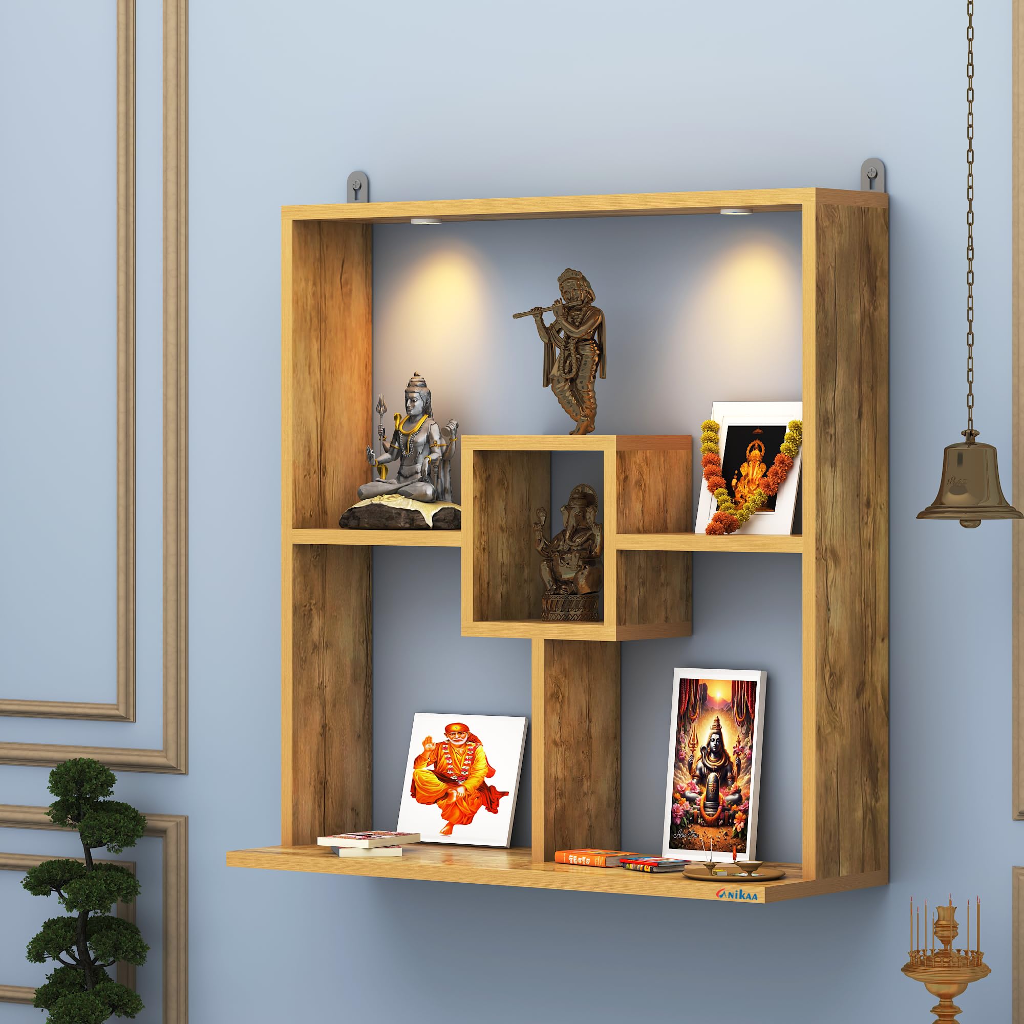 Anikaa Shelly LED Light Wall Mounted Hanging Puja Temple Shelf Stylish Wood God Stand for Pooja Room Mandir Stand for Temple (Giantwood) D.I.Y (Giantwood)