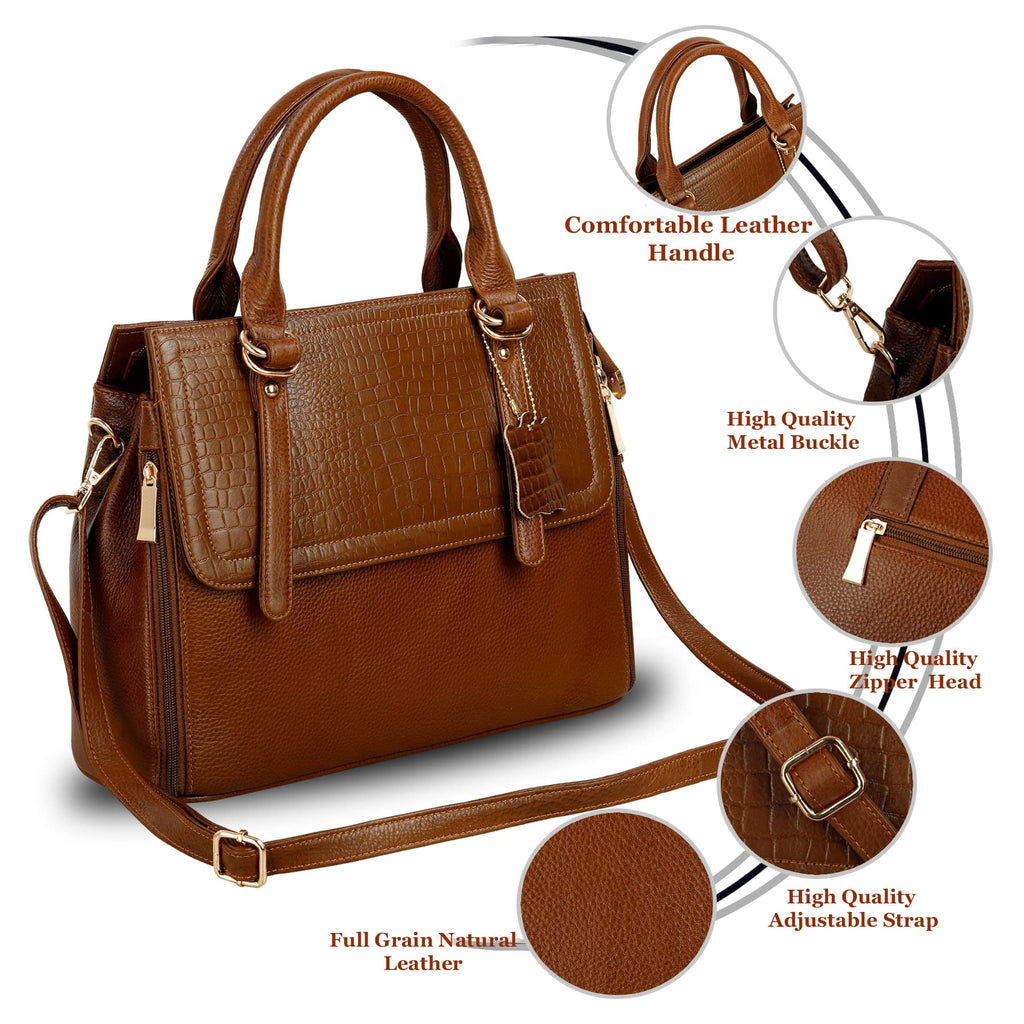 RICHSIGN LEATHER ACCESSORIES Full-Grain Natural Leather Top-Handle satchel Tote Ladies Handbags & Shoulder Sling Bags For Women Office Branded Stylish Latest Size-L-11 X H-10 x W- 5 In (TAN)