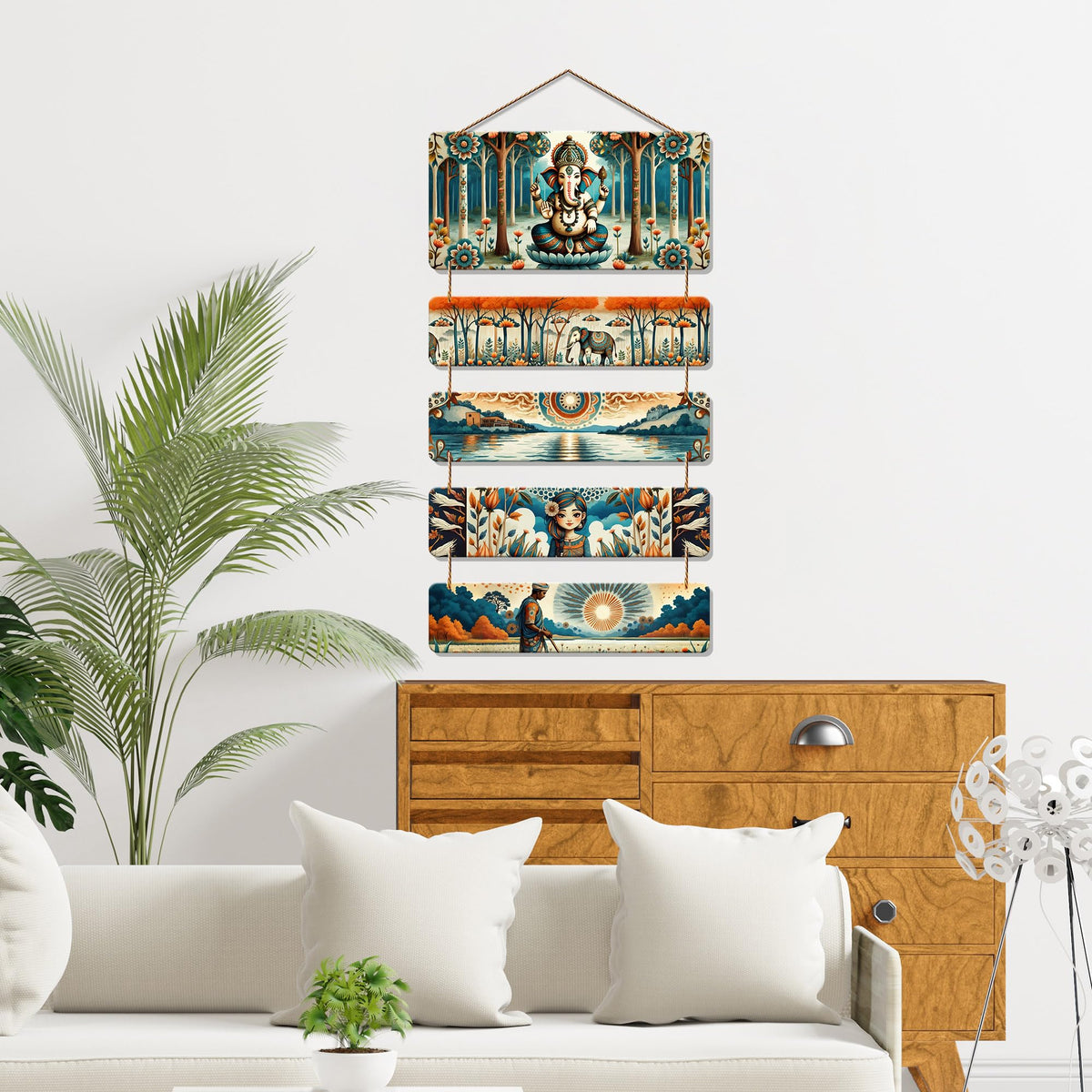 Artvibes Lord Ganpati and Scenic Art Auspicious Wooden Art Work Wall Hanging For Good Luck Properity Vastu | Spiritual Decor Items | Paintings | Wall Poster| Modern Decor Item | Gift Items (WH_6717N)