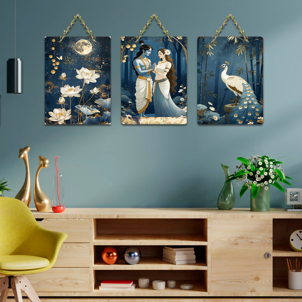 Artvibes Divine Radha Krishna With Lotus And Peacock Wall Art Wall And Door Hanging for Home | Spiritual Decor Items | Wall Poster | Artwork | Painting | Gift Items (WH_9629N), Set of 3