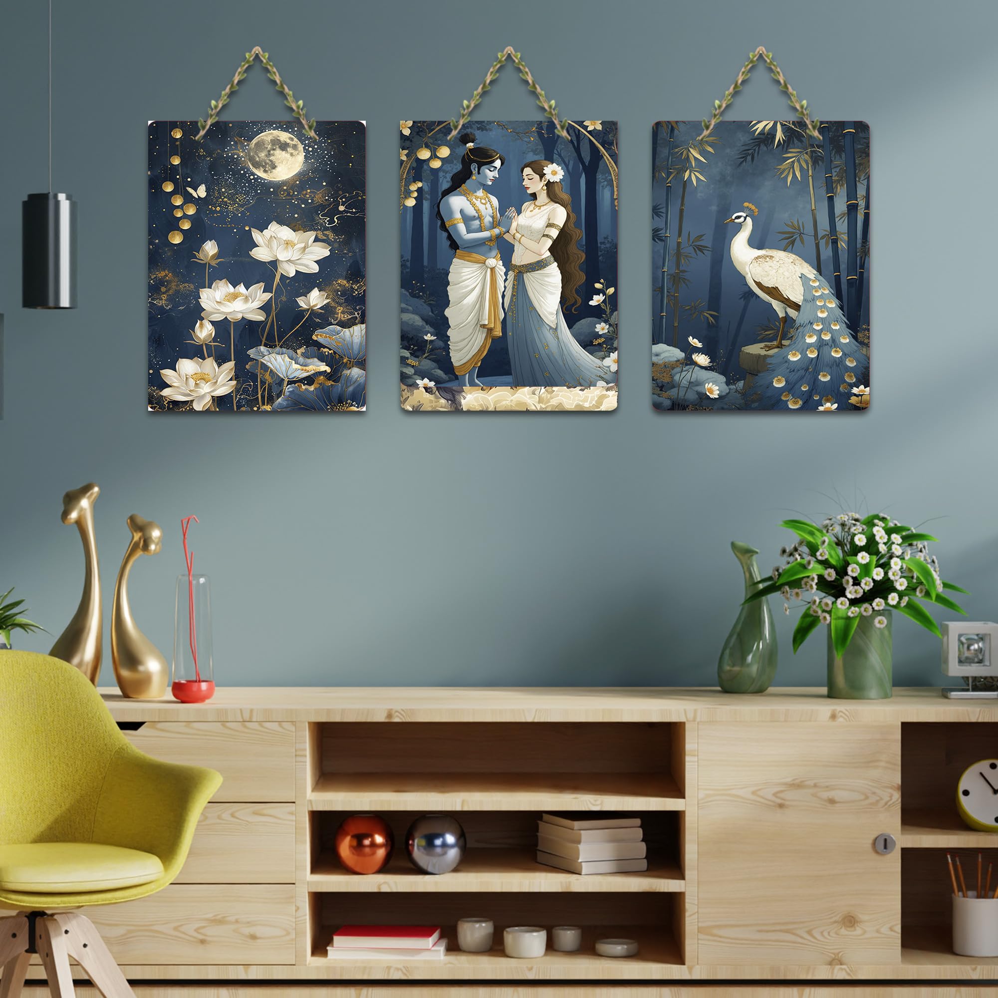 Artvibes Divine Radha Krishna With Lotus And Peacock Wall Art Wall And Door Hanging for Home | Spiritual Decor Items | Wall Poster | Artwork | Painting | Gift Items (WH_9629N), Set of 3