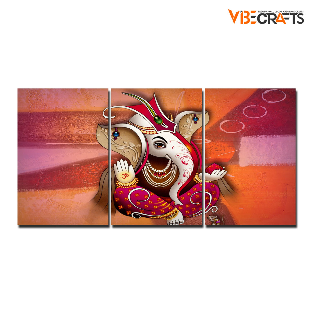 VIBECRAFTS 3 Pieces Beautiful Ganesh Canvas Wall Painting Fitted With Wooden Frame For Home | Office | Living Room | Gifts(PTVC3Pcs3_11513)