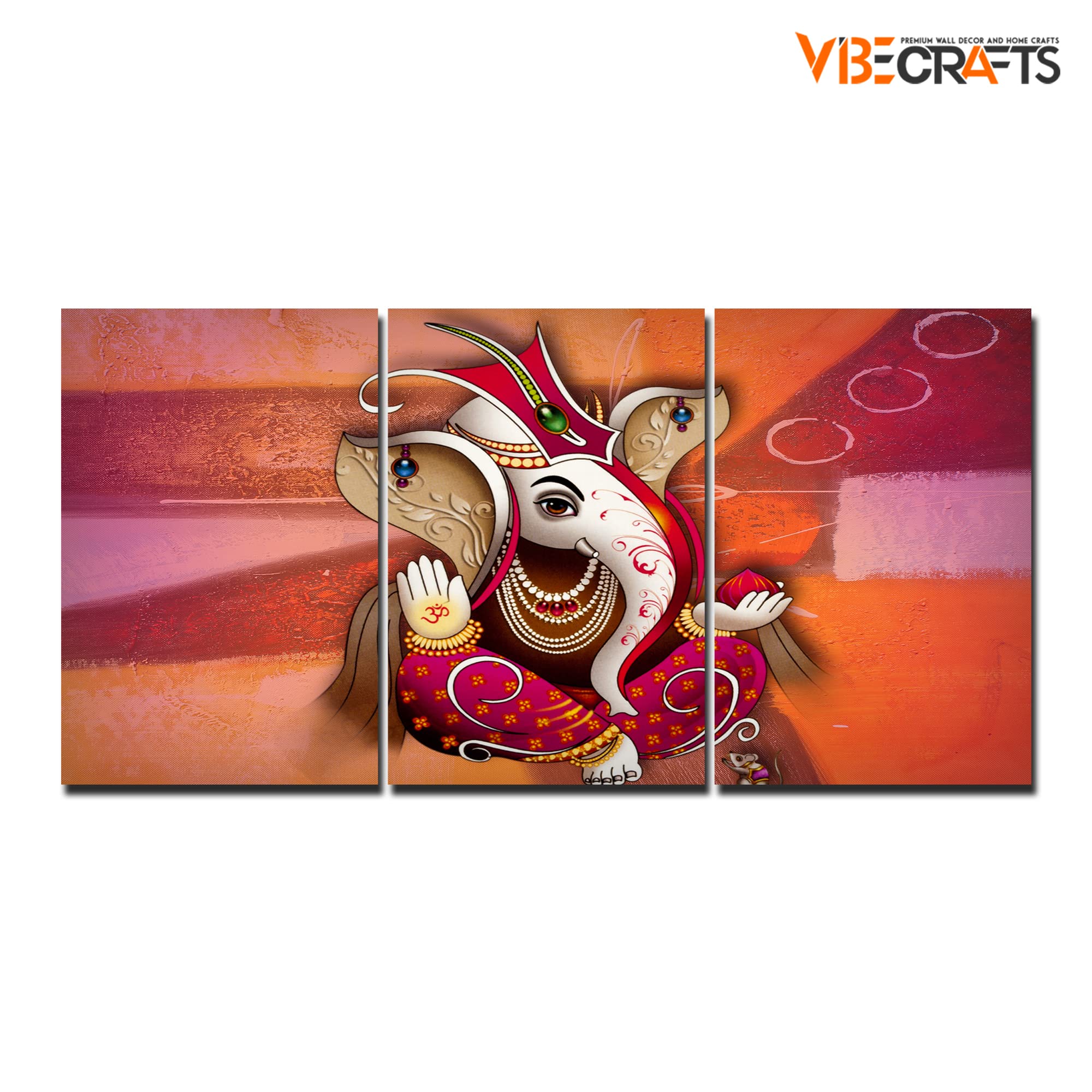 VIBECRAFTS 3 Pieces Beautiful Ganesh Canvas Wall Painting Fitted With Wooden Frame For Home | Office | Living Room | Gifts(PTVC3Pcs3_11513)