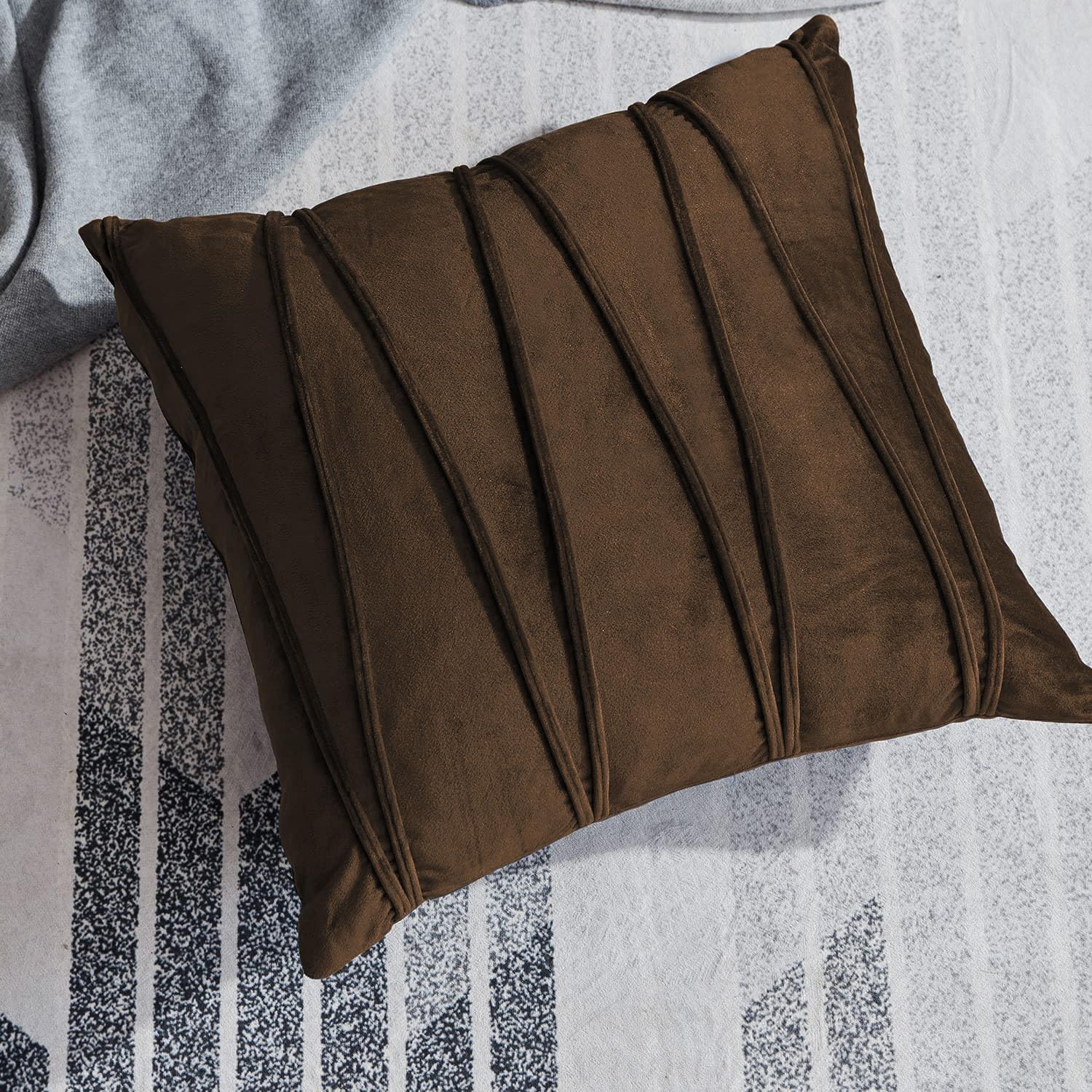 Khooti Velvet Striped Cushion Cover Pack of 1-16 x 16 / 41 x 41 cm | Brown | Soft Pillow Covers Cushion Case for Sofa Bedroom Livingroom Chair Car, Cushion Cover with Zig Zag Pattern