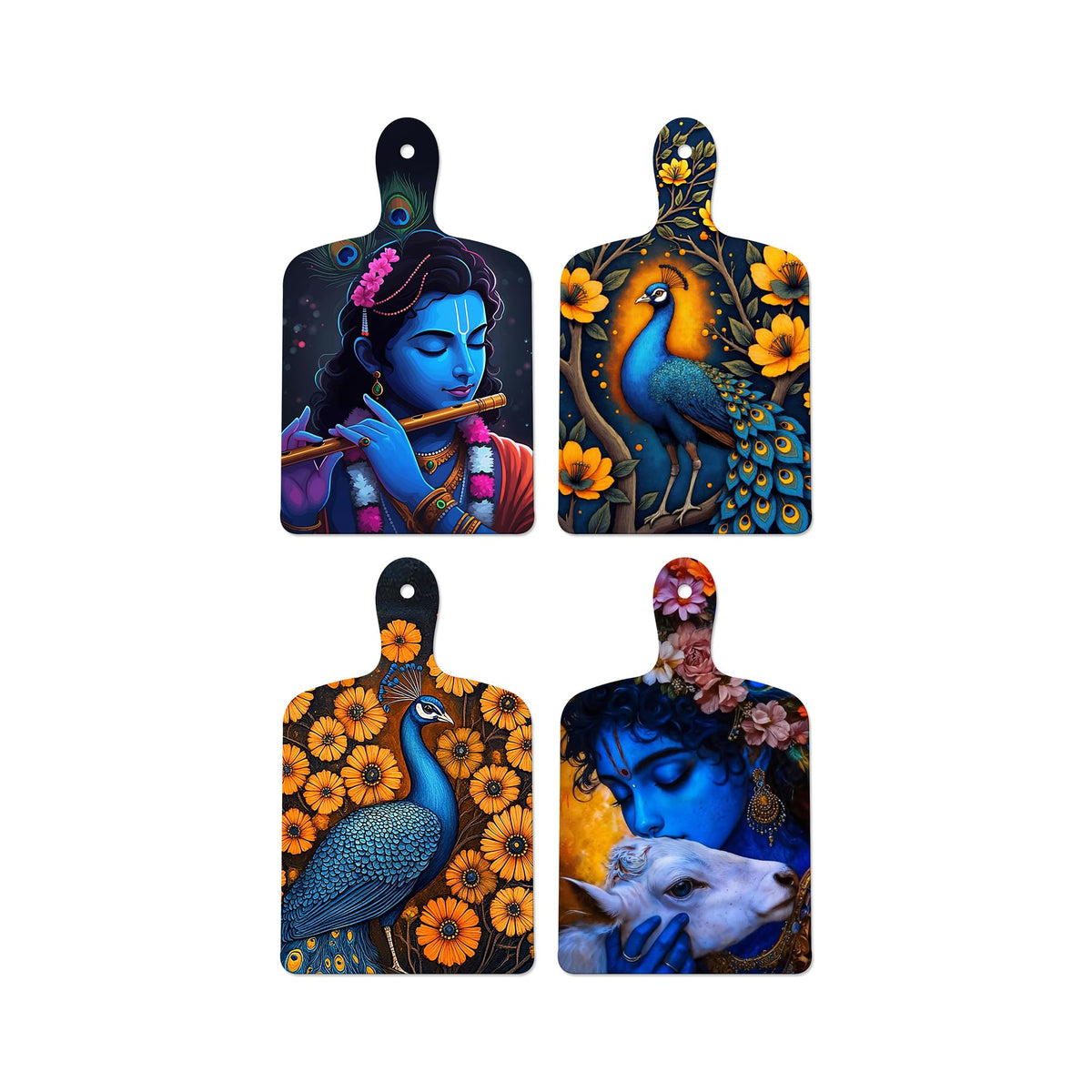 Artvibes Divine Shri Krishna Pampering Cow & Playing Flute Wooden Wall Hanger for Home | Spiritual Decor Items | Wall Sculpture | Artwork| Stylish Decor Item | Gift Items (WH_5631N), Set of 4