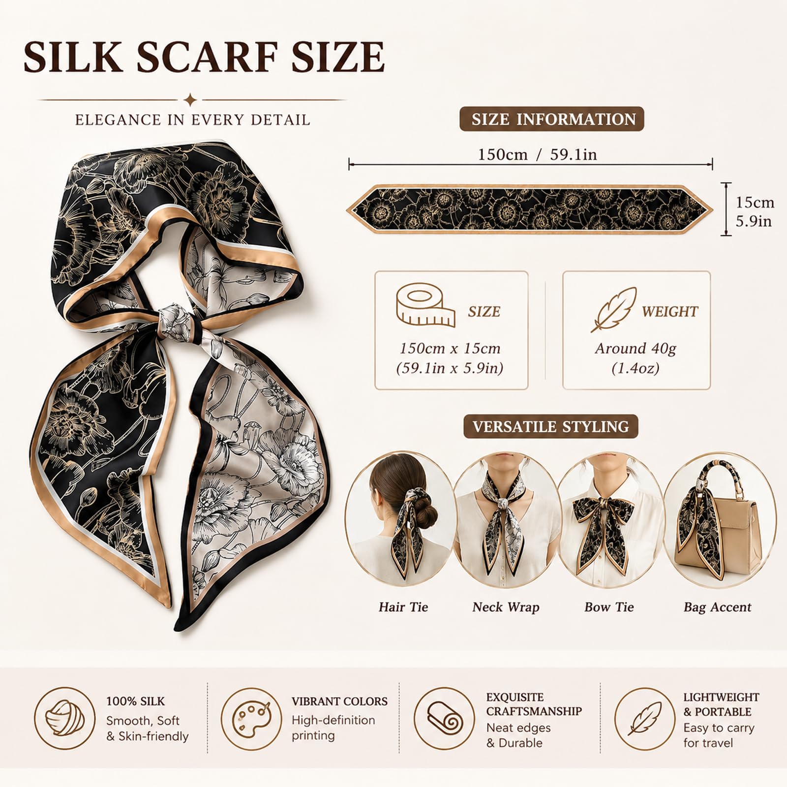 Aeenioy Silk Scarf for Women Stylish, Head Scarf for Women with Black Gold Poppy Print, Satin Scarf for Daily Outfit Enhancement and Formal Events, Versatile Fashion Accessory for All Seasons