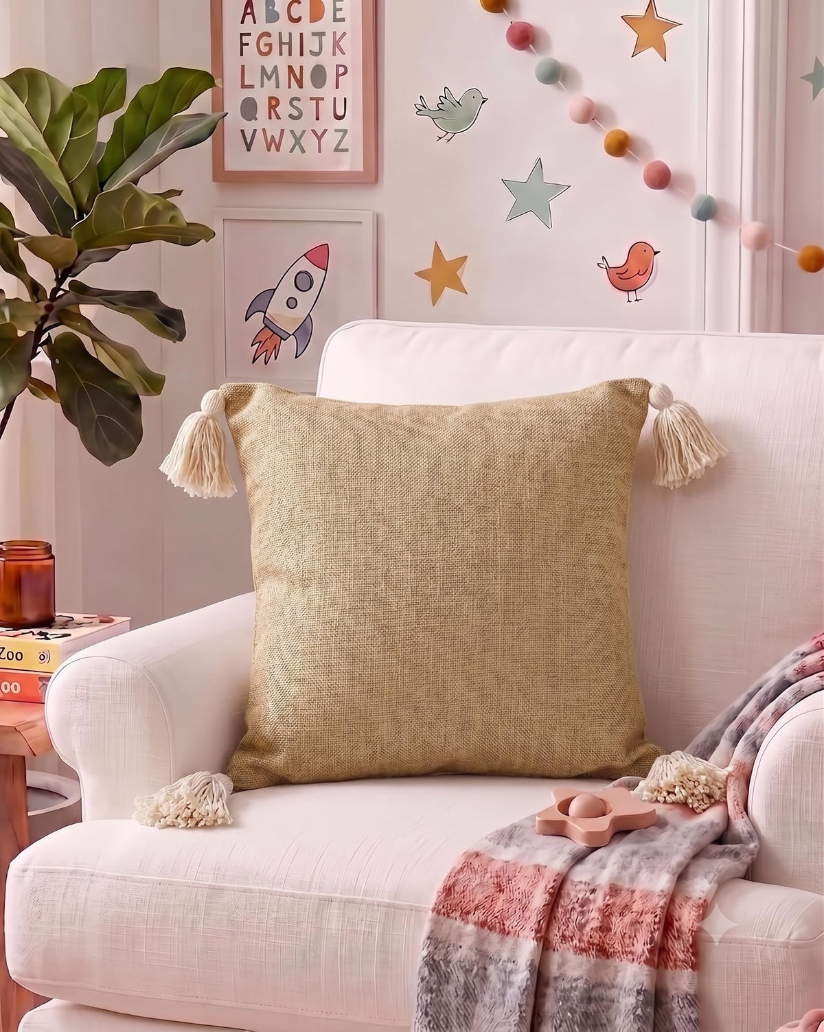 Furnistitchs Solid Boho Cushion Cover 16x16 Inches, Premium Natural Slub Fabric Throw Pillow Case with Tassels for Sofa, Couch, Living Room & Bedroom 40x40 cms, 5 pc - Oatmeal