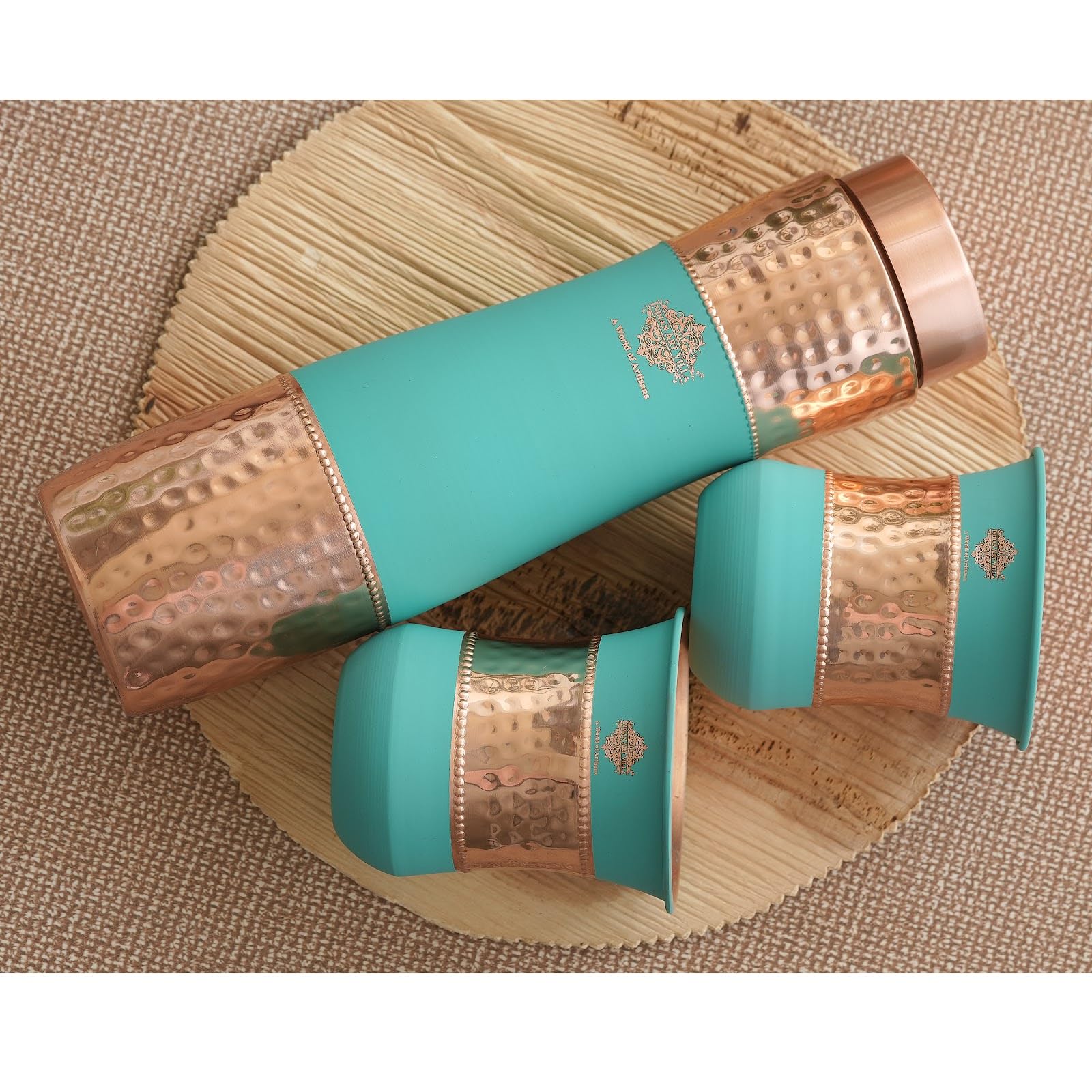 INDIAN ART VILLA Copper Drinkware Set - Pure Copper Water Bottle (1000 ML) & 2 Glasses (320 ML) in Turquoise Silk Finish, Perfect for Home, Office, Diwali, and Wedding Gifts