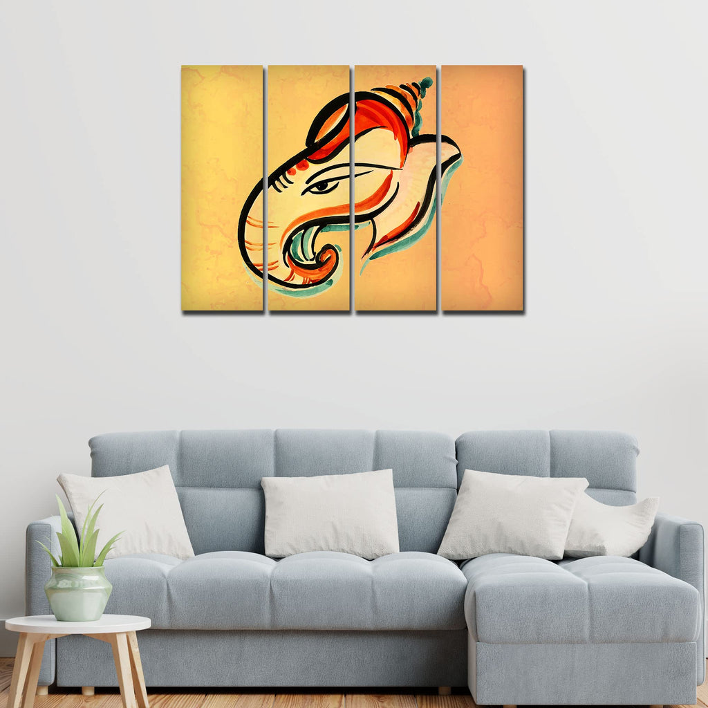 VIBECRAFTS 4 Pieces Ganesha Head Abstract Art Canvas Wall Painting Fitted With Wooden Frame For Home | Office | Living Room | Gift(PTVC4Pcs1_13522)