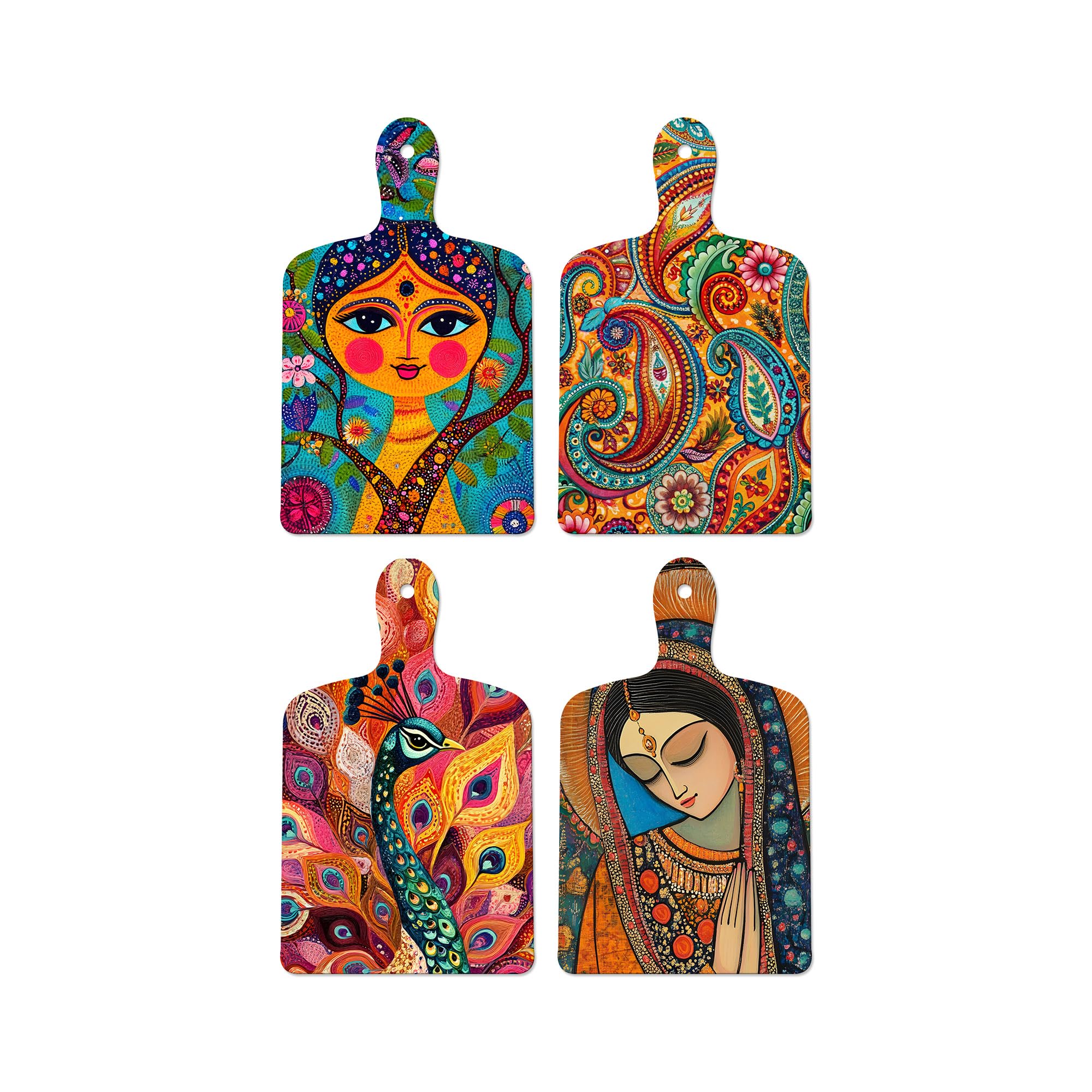 Artvibes Beautiful Women & Peacock Colorful Madhubani Art Wooden Art Decoration Item for Living Room | Office | Cafe | Aesthetic Wooden Decor | Graphic Artwork | Ideal Gifts (WH_5636N), Set of 4