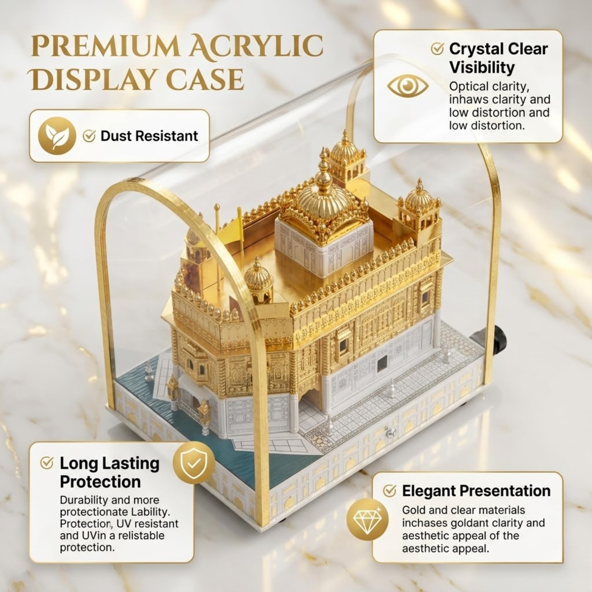 Golden Temple Replica Model with Acrylic Display Case, Inbuilt Mool Mantar Speaker, Gold & Silver Finish Decorative Showpiece for Home, Office & Religious Gift, 7 x 9 x 5 Inches