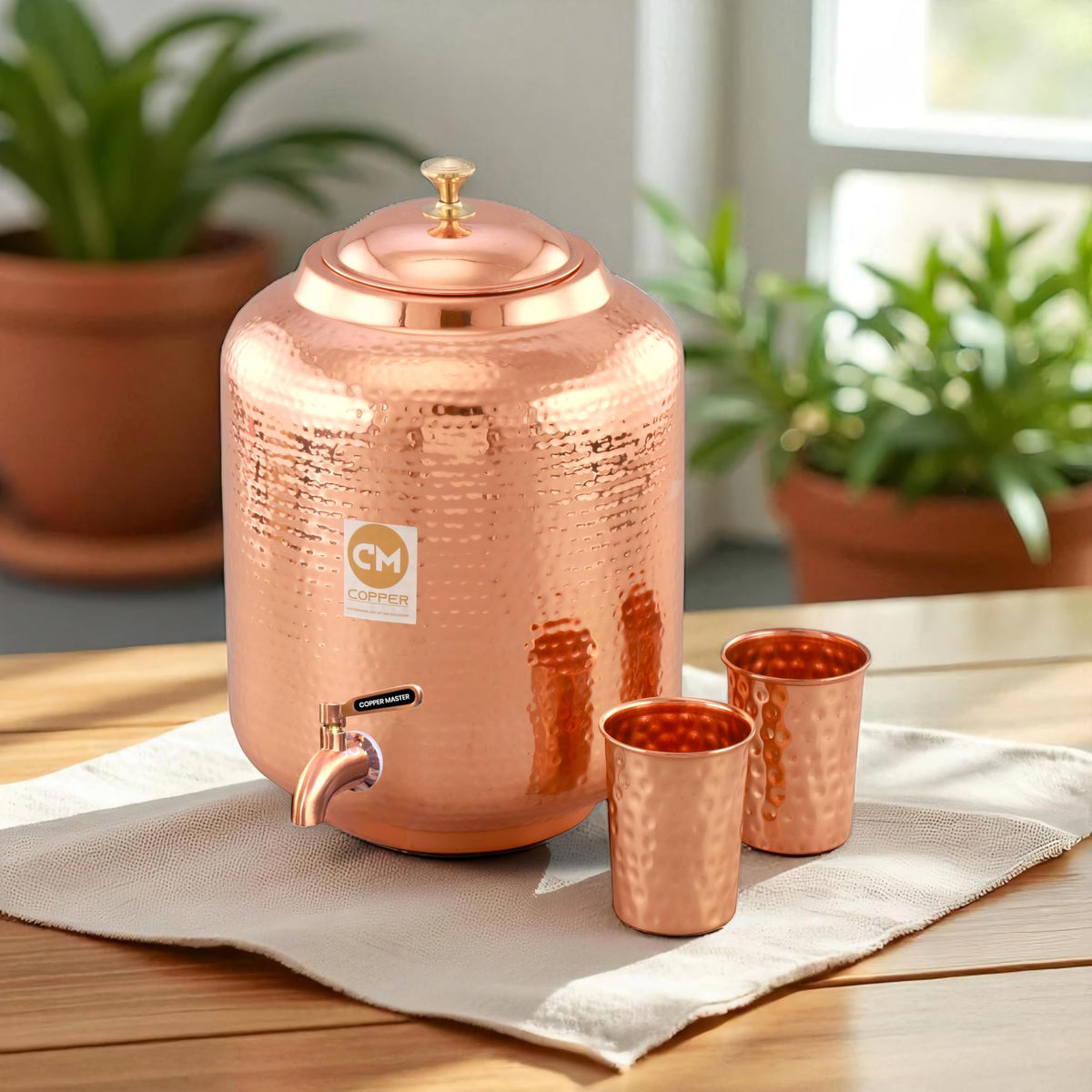 Copper-Master® 14 Litre Hammered Copper Water Dispenser (Matka) Container Pot with 2 Copper Glasses Pure Copper and Ayurvedic Health Benefits (15000 ml + 600 ml)