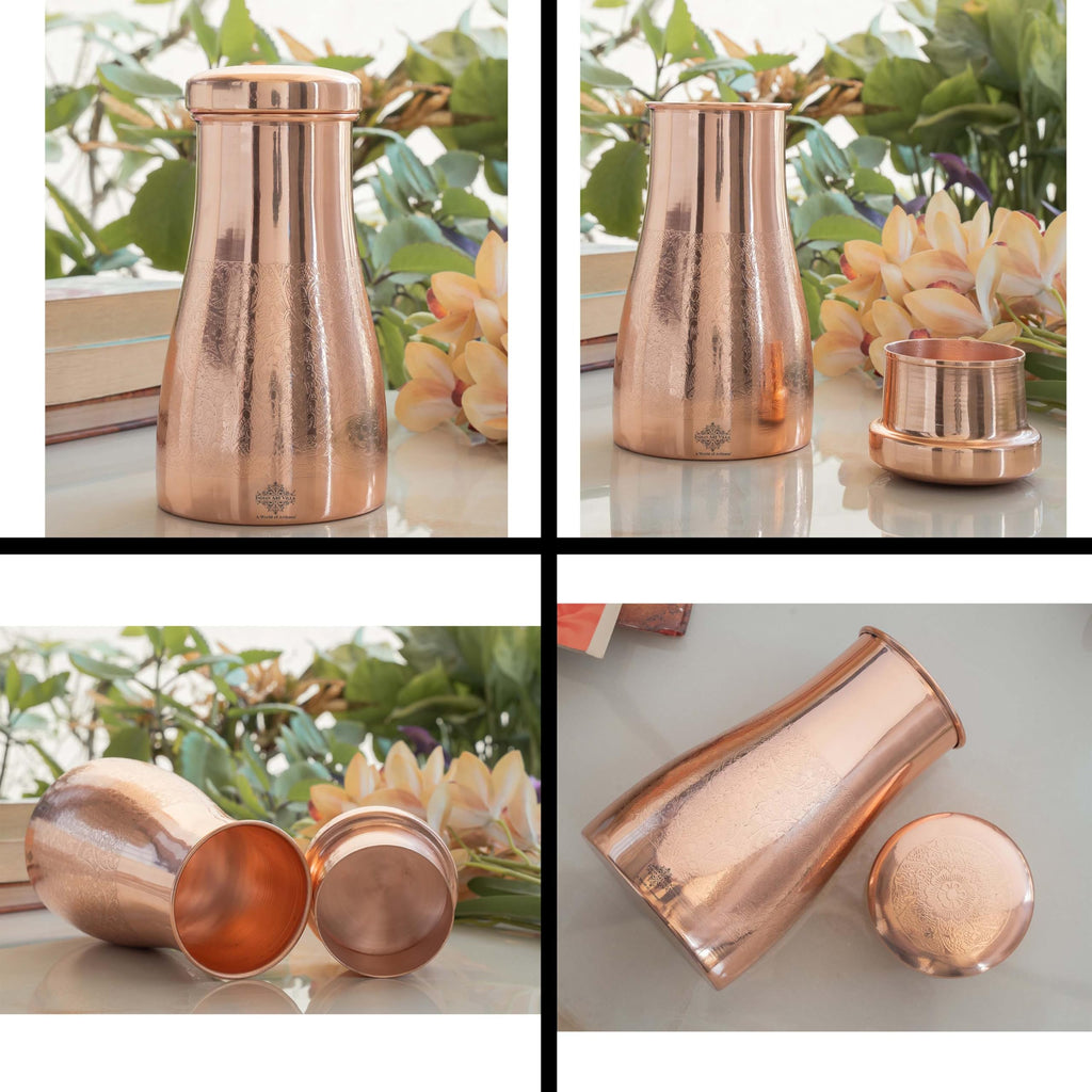 INDIAN ART VILLA Pure Copper Embossed Design Bedroom Water Bottle with Inbuilt Glass, Bottle for Storage Purposes, Drinkware, 950 ml- Set of 1