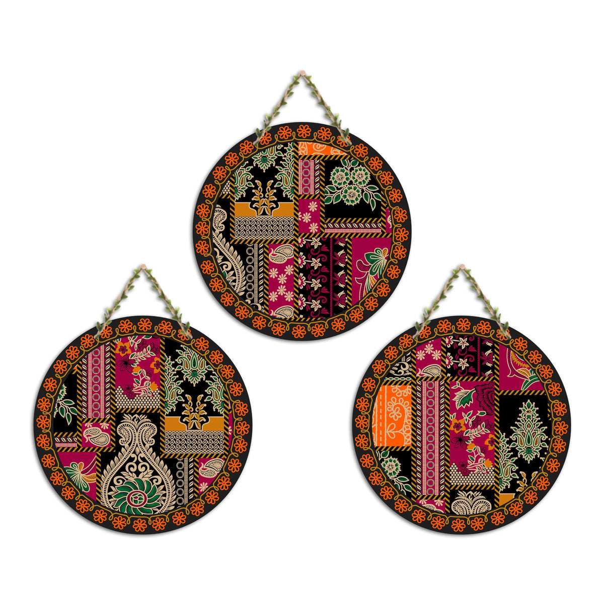 Artvibes Floral Art Round Shape MDF Wooden Wall Decor Items | Living Room | Office | Cafe | Scenery For Drawing Room | Aesthetic Wooden Decor | Ethnic Wall Decor | Gift Items (WH_9906N), Set of 3