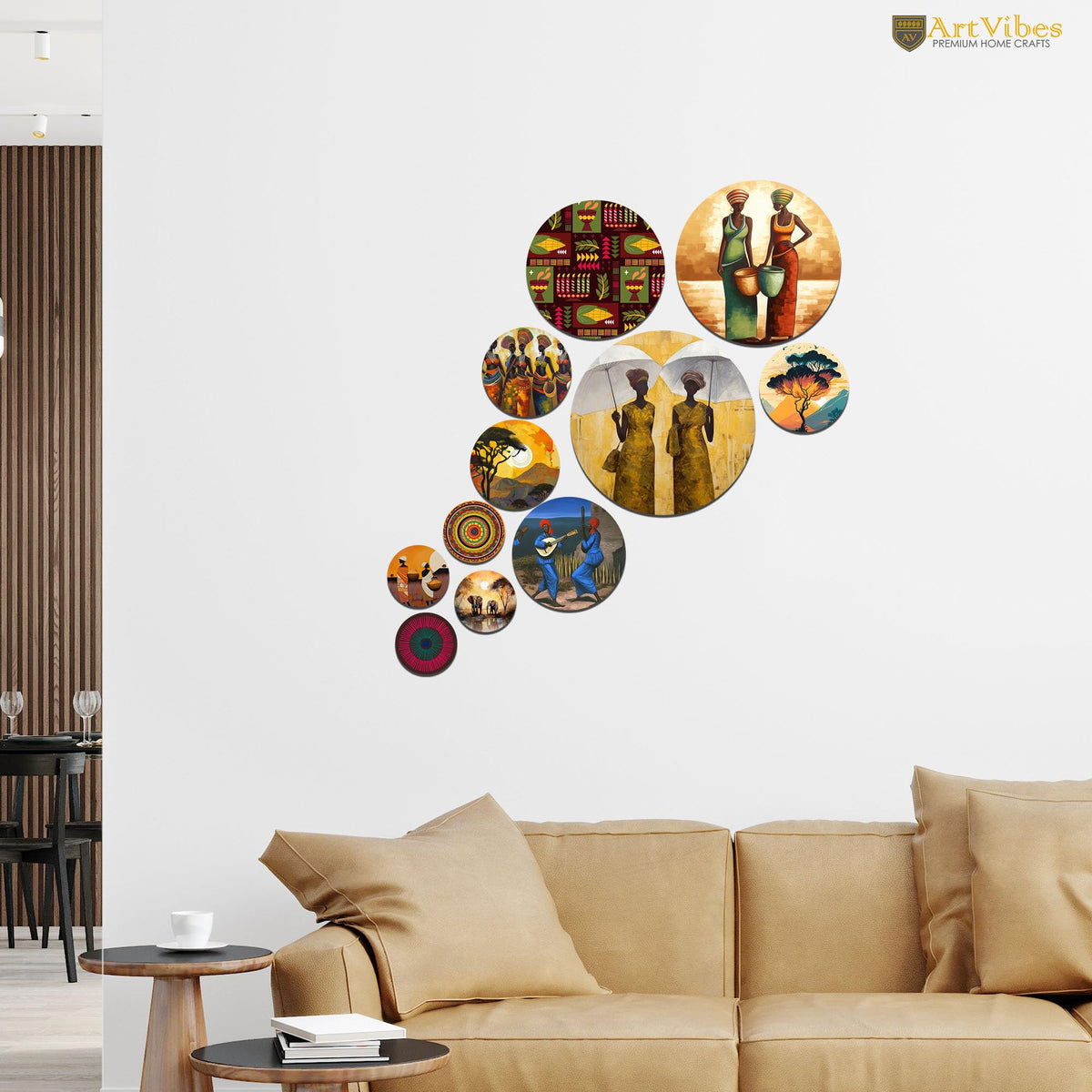 Artvibes African Tribal Dance & Their Routine Folk Art Round Shape MDF Wooden Wall Decor Items for Home | Art For Wall | Modern Decor Artwork | Wall Illustrations | Unique Gift (WPS_147N), Set of 11