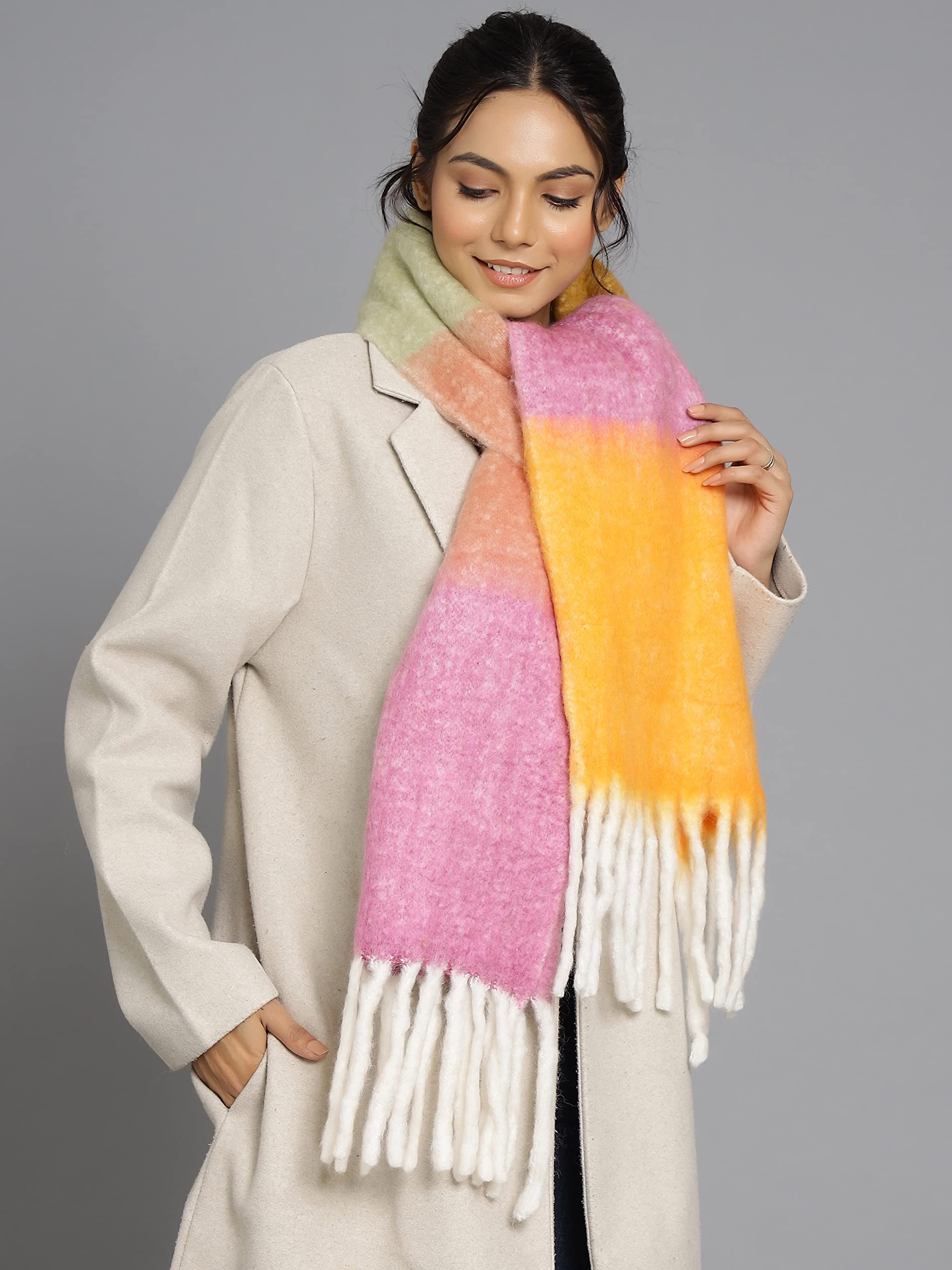 Ravaiyaa - Attitude is everything Women's Cashmere Wool Acrylic Scarf Winter Long Scarves, Neck Wrap 72 X 14 Inch (Yellow & Pink)