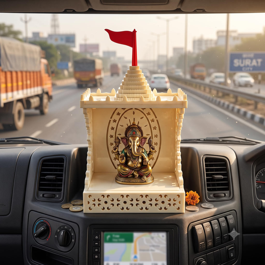 GREECHO Decorative Acrylic Mini Temple Organizer for Home, Glossy Cream Tabletop Pooja Mandir with Laser-Cut Floral Design, Om Back Panel, Open Platform, Red Flag, 18 x 9 x 7 cm