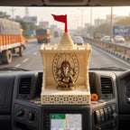 GREECHO Decorative Acrylic Mini Temple Organizer for Home, Glossy Cream Tabletop Pooja Mandir with Laser-Cut Floral Design, Om Back Panel, Open Platform, Red Flag, 18 x 9 x 7 cm