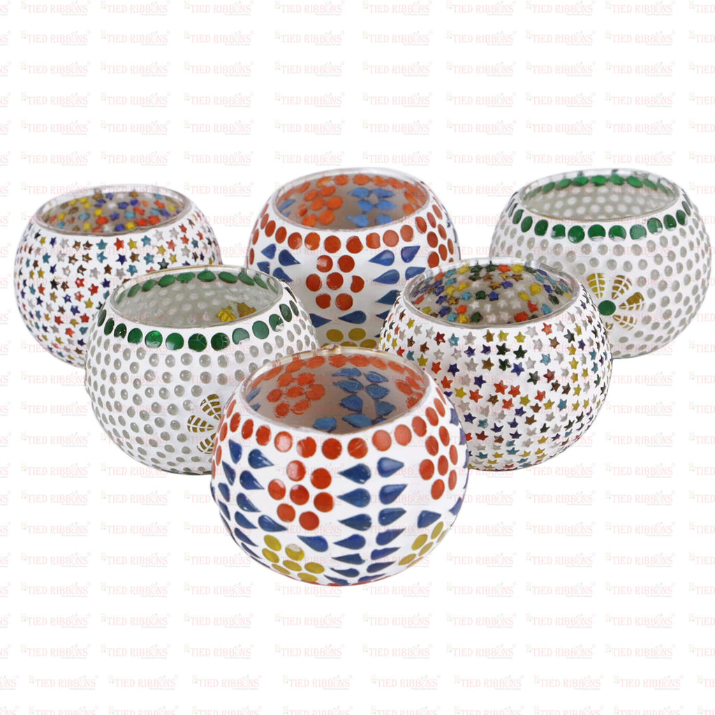 TIED RIBBONS Pack of 6 Mosaic Glass Votive Tealight Candle Holders for Dining Table - Decorations Items for Decor Living Room (Pack of 6, Glass) - Decorations Items for Home Office - Gifts