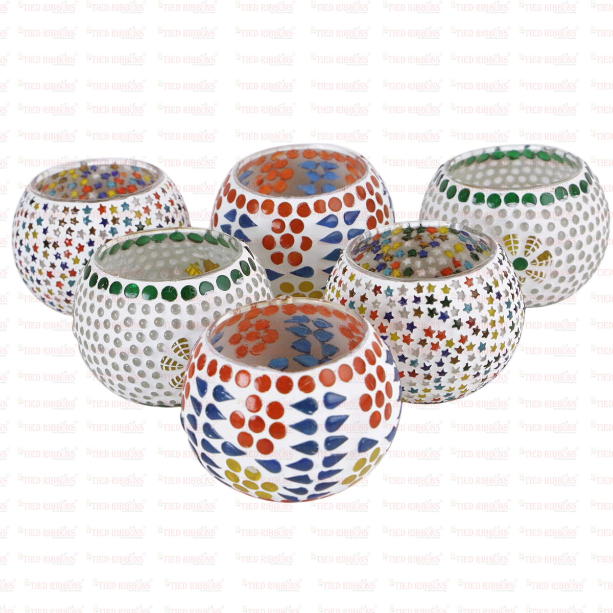 TIED RIBBONS Pack of 6 Mosaic Glass Votive Tealight Candle Holders for Dining Table - Decorations Items for Decor Living Room (Pack of 6, Glass) - Decorations Items for Home Office - Gifts