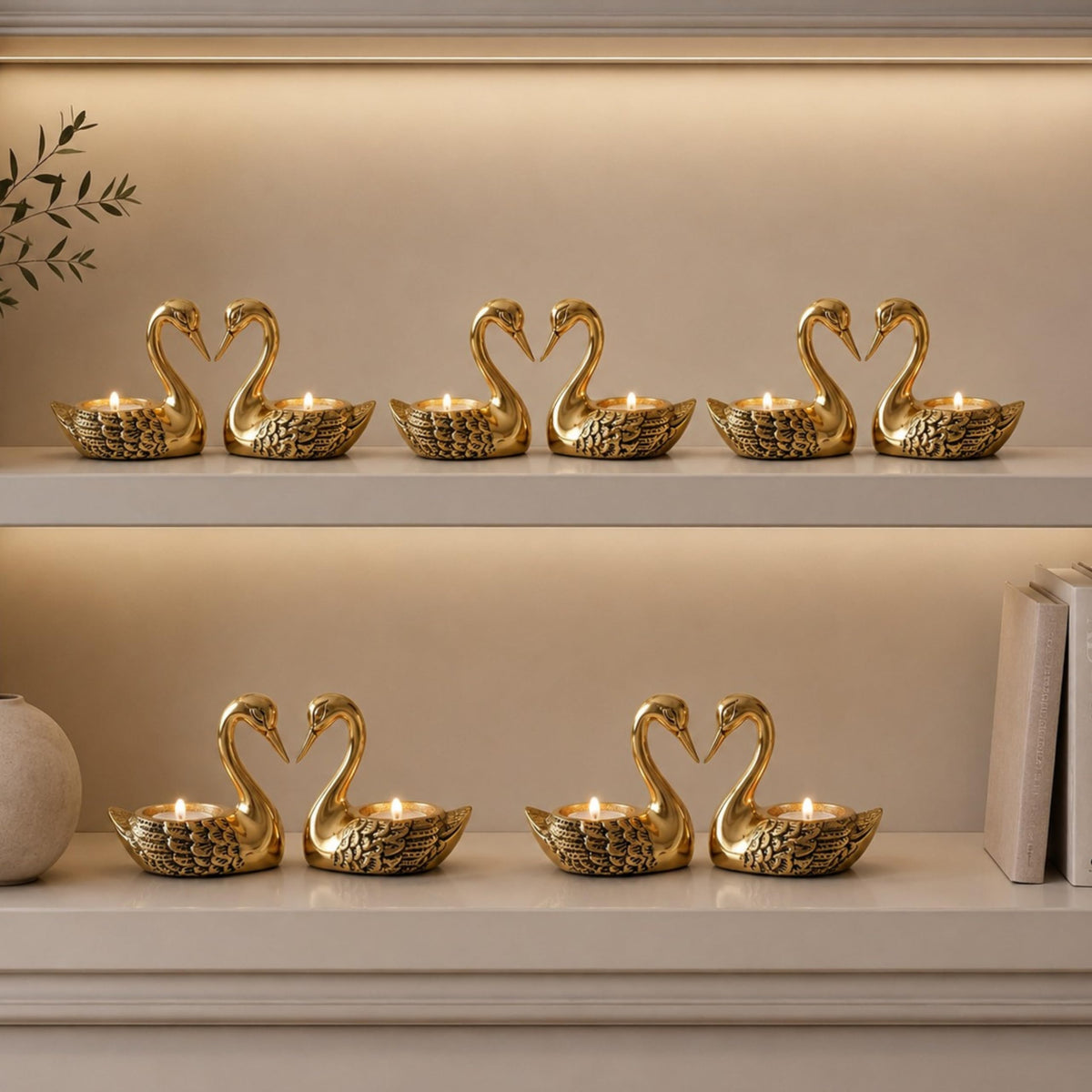 BEHOMA Metal Pair of Love Swans with 2 Tea Lights, Golden - Pack of 5