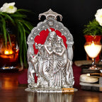 KridayKraft Metal Radha Krishna Idol with Cow Decorative Showpiece Statue for Puja Room Home Office Desk Gift Items Ornate Metal Sculpture of Hindu Deities (Silver, Height 33 CM)