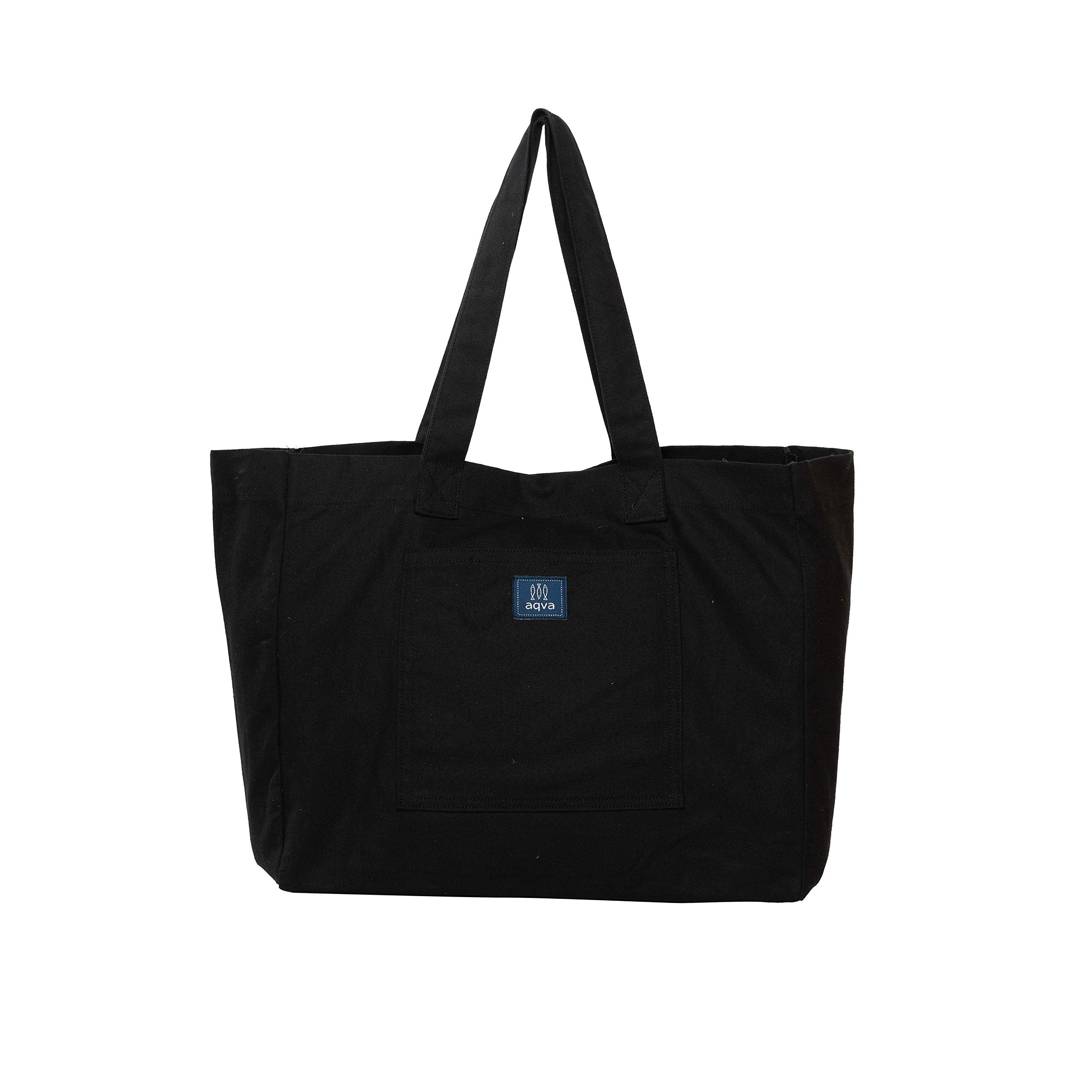 AQVA Cotton Canvas Tote Bag for Women & Girls | Shoulder Bag with Magnetic Button Closure & Solid Colour | Multipurpose Shopping, Travel, Beach, Office Bag | Good Gift Choice for Women (Black)