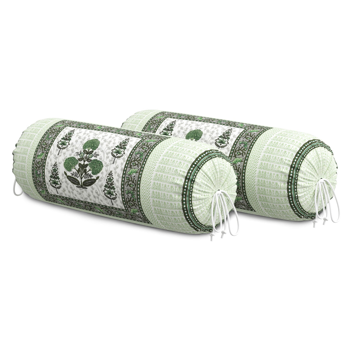 BLOCKS OF INDIA Cotton Hand Block Printed Bolster Cover | Booster Cover with Drawstring | Round Long Pillow Cover for Bed | Dewan Pillow Cover Set 16 X 32 | Set of 2 (Color 25)
