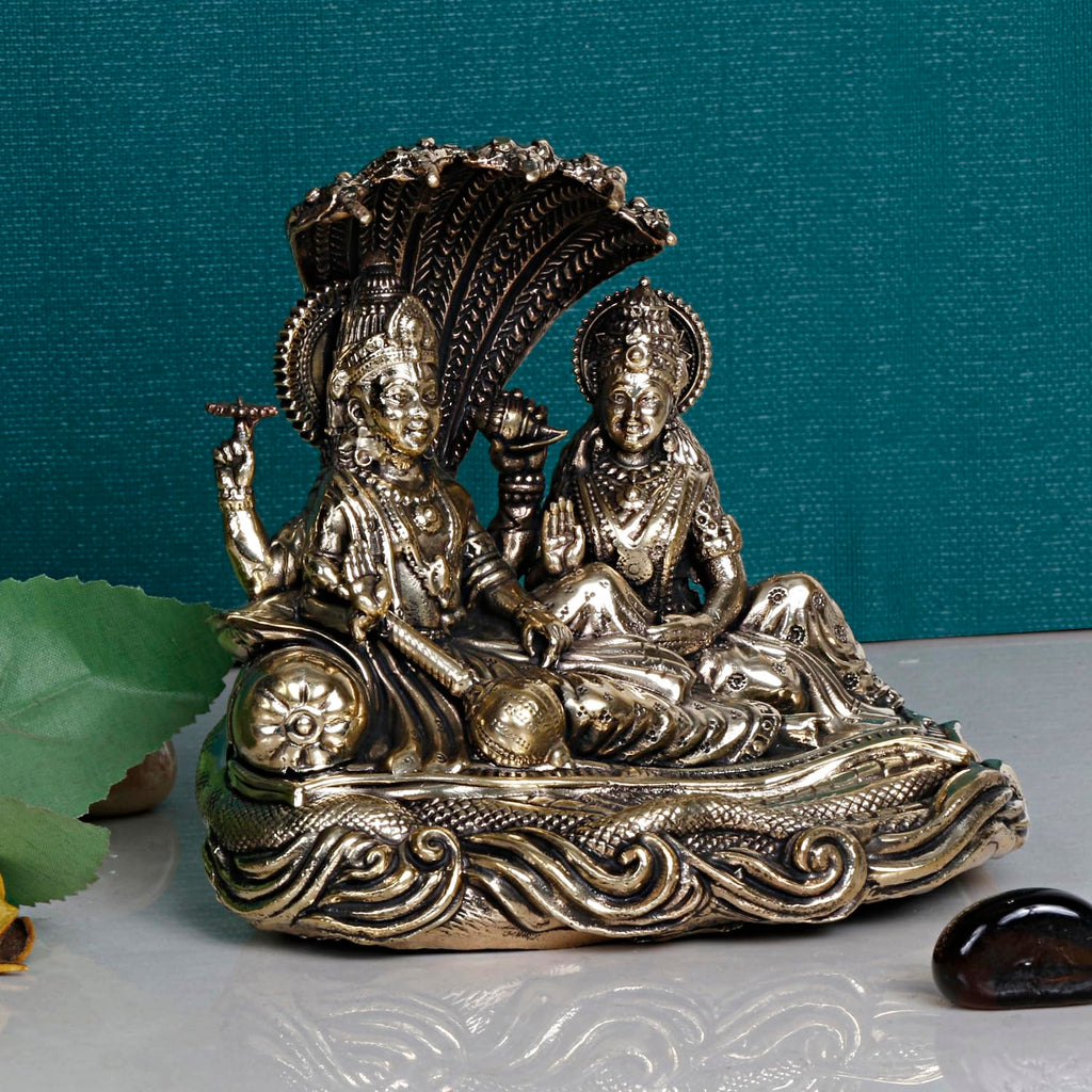 ARTVARKO Lakshmi Vishnu Statue Resting On Sheshnag Brass Murti Laxmi Maa Narayan Idol Religious Figurine for Puja Home Decor Gift (11x7x10 cm)