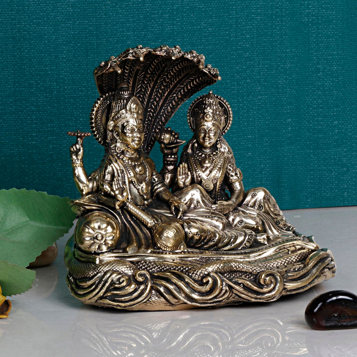 ARTVARKO Lakshmi Vishnu Statue Resting On Sheshnag Brass Murti Laxmi Maa Narayan Idol Religious Figurine for Puja Home Decor Gift (11x7x10 cm)
