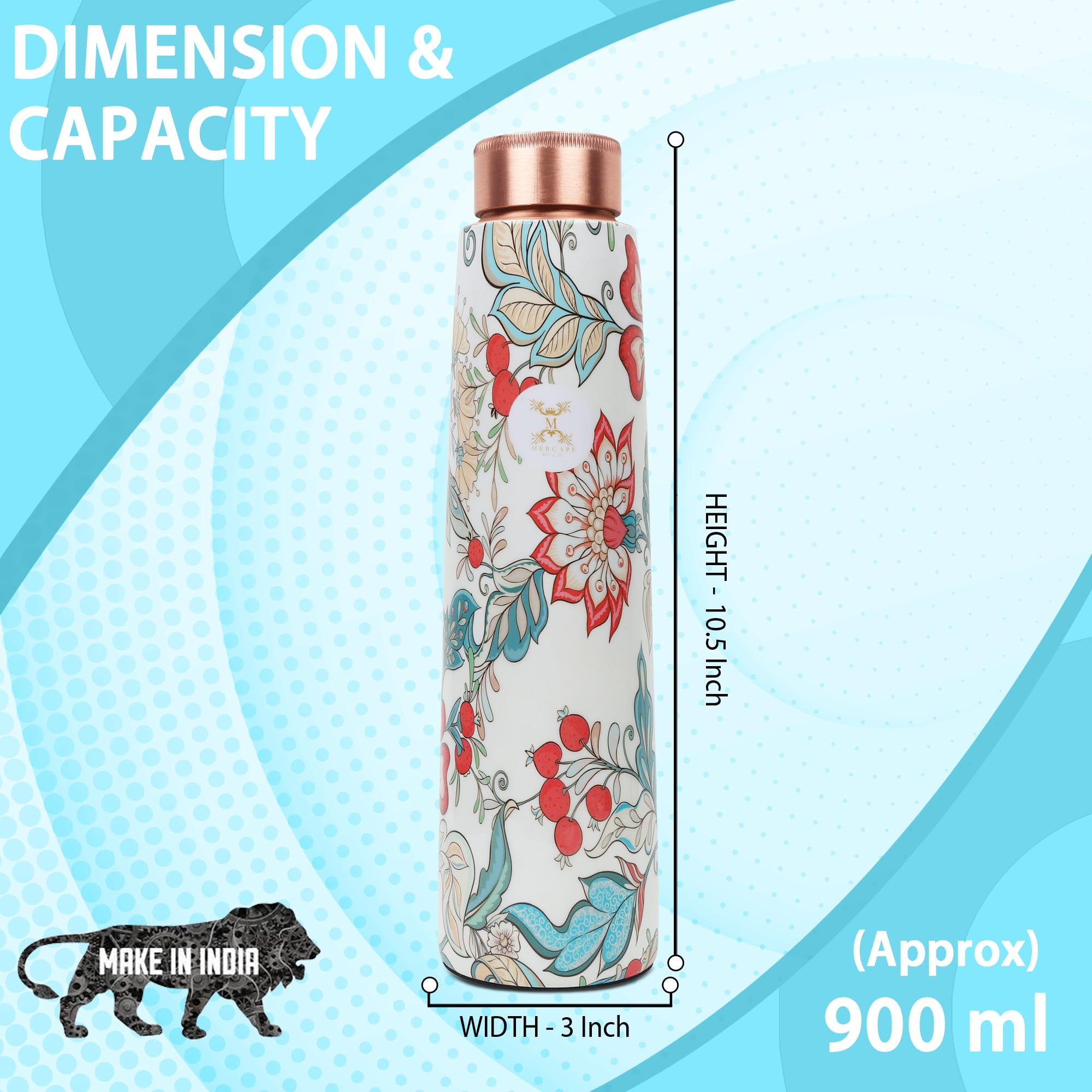 MERCAPE® Pure Copper Water Bottle 950 ml with Leak Proof Lid | Printed Floral Design Copper Bottle for Home, Office, Gym & Yoga | BPA Free Reusable Ayurvedic Water Bottle for Daily Use