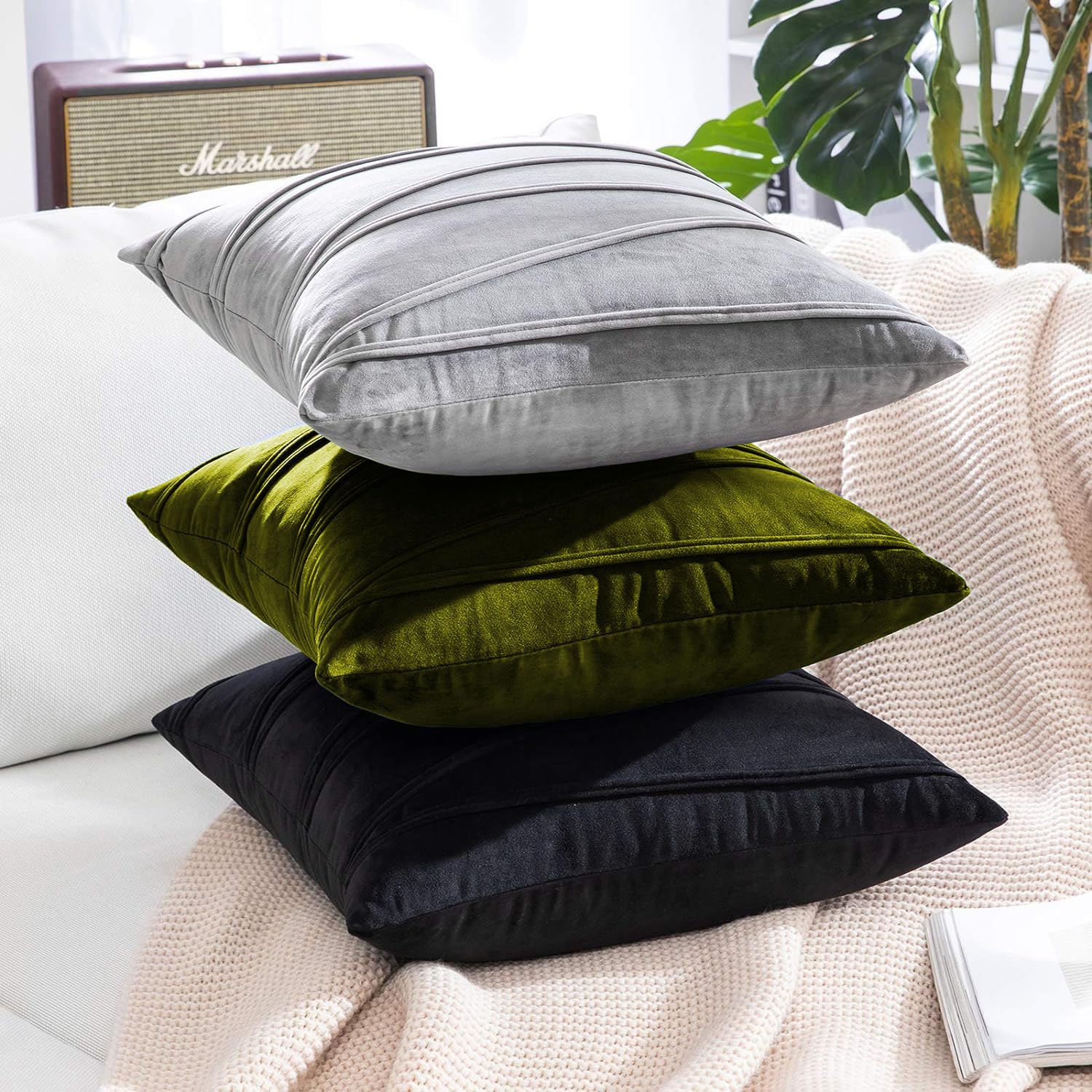 Khooti Velvet Striped Cushion Cover Pack of 1-30X30/76X76 Cm | Mehandi | Soft Pillow Covers Cushion Case for Sofa Bedroom Living Room Chair Car, Cushion Cover with Zig Zag Pattern