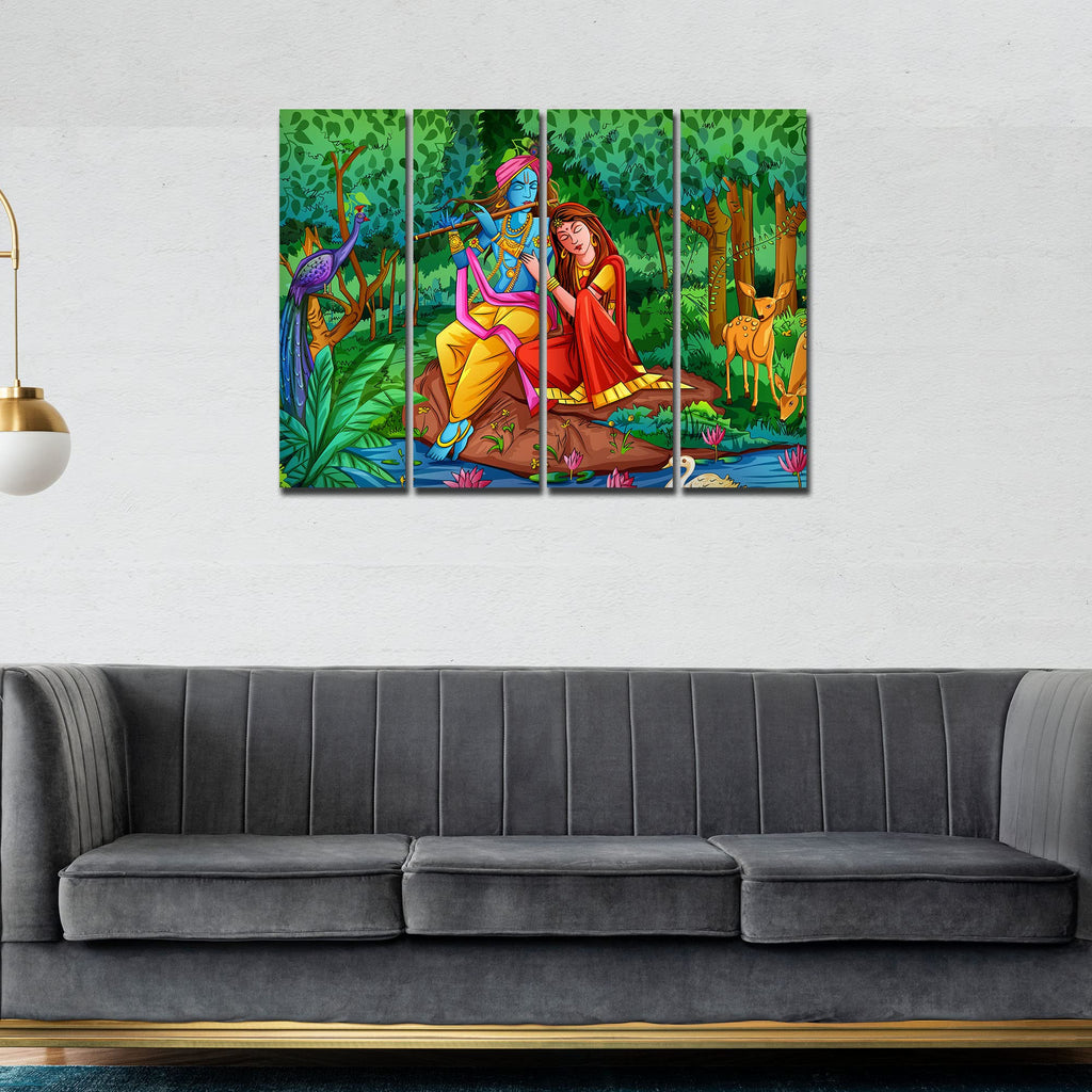 VIBECRAFTS Beautiful Radha Krishna In Forest 4 Pieces Canvas Wall Painting Fitted With Wooden Frame For Home | Office | Living Room | Gift(PTVC4Pcs1_13512)