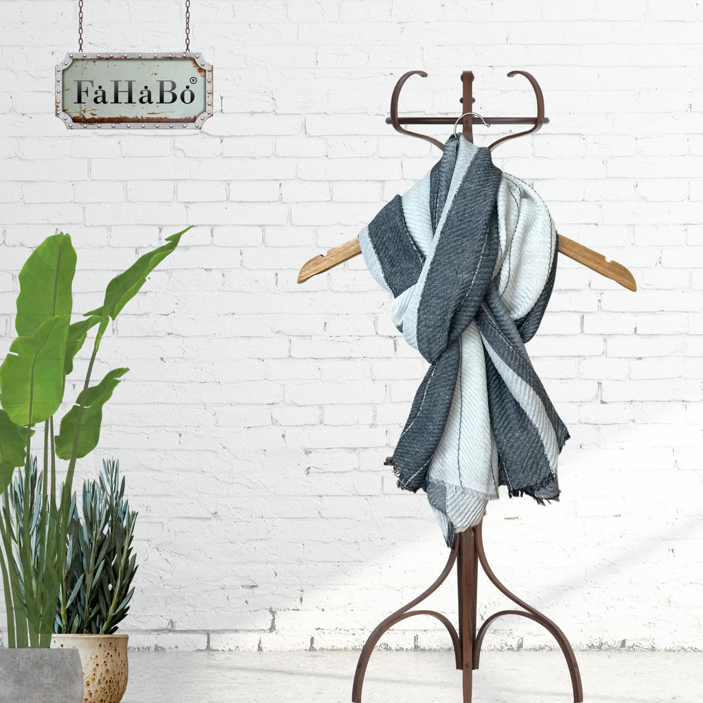 FAHABO Scarf for Women Stylish Pleated Cotton with Woven Border | Hijab Scarf | Stole | Soft, Lightweight, and Latest Scarves | 77 x 33 Inches (Dark Grey and White)