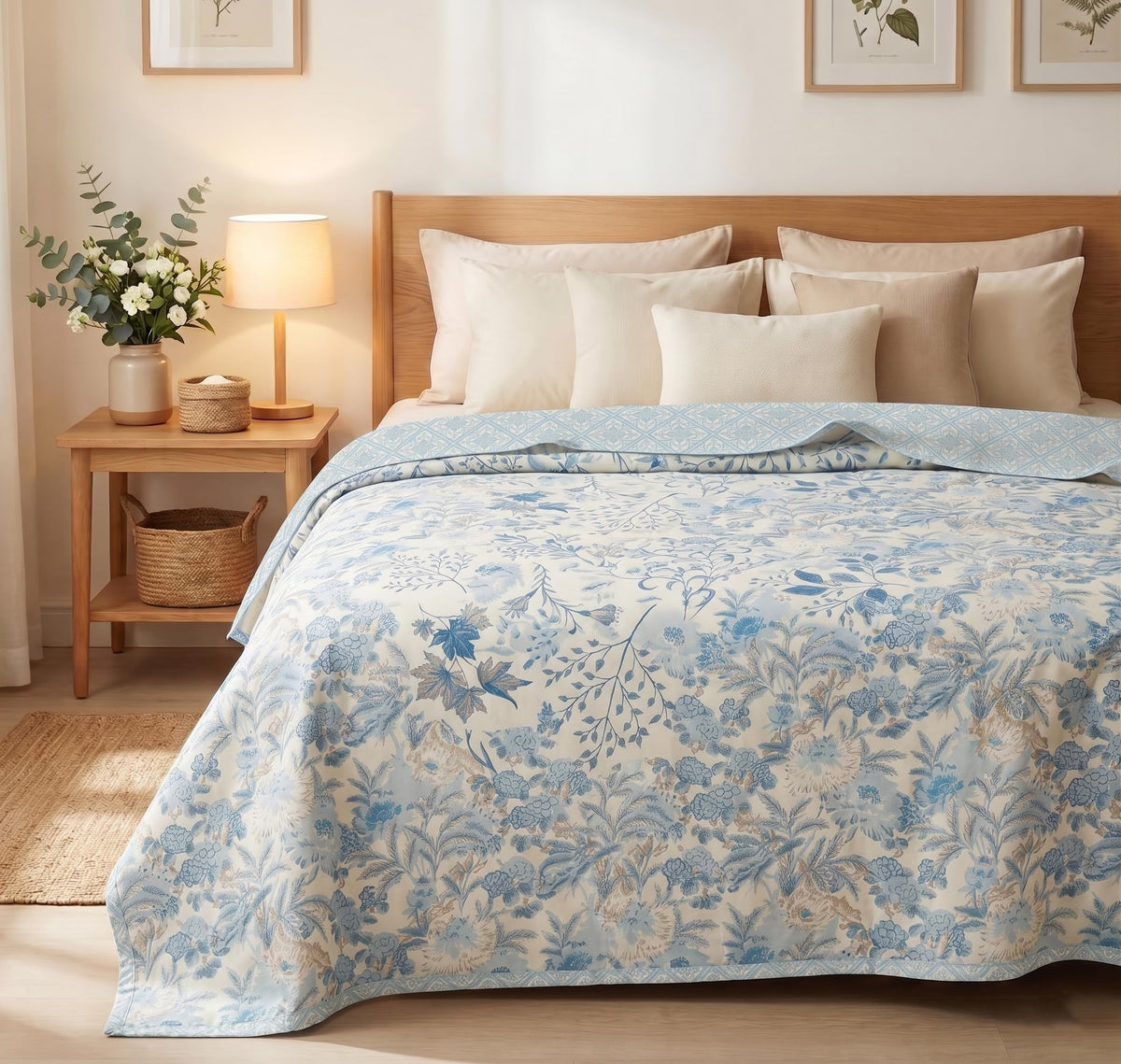 VAS COLLECTIONS Cotton AC Blanket for Double Bed (220×230 cm) | Reversible Soft Lightweight All-Season Blanket | Skin-Friendly & Breathable Comforter (Azure Meadow) Kafalo