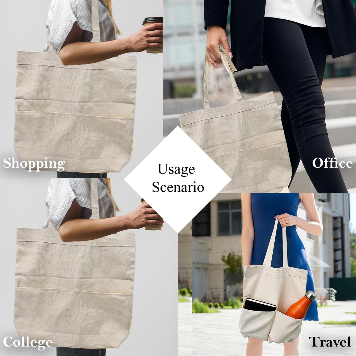 PRINT GALLI 100% Organic Cotton Canvas Tote Bag with Dual Front Pockets | Eco-Friendly, Off-White & Spacious Design | Ideal for Shopping, Travel, and Daily Use | Holds Up to 15 Kg