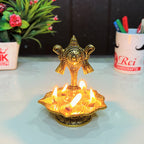 Kridaykraft Metal Tirupati Balaji Panch Mukhi Diya with Chakar Stand Gold Plated for Home and Office Pooja Room Decoration 5 batti Diya
